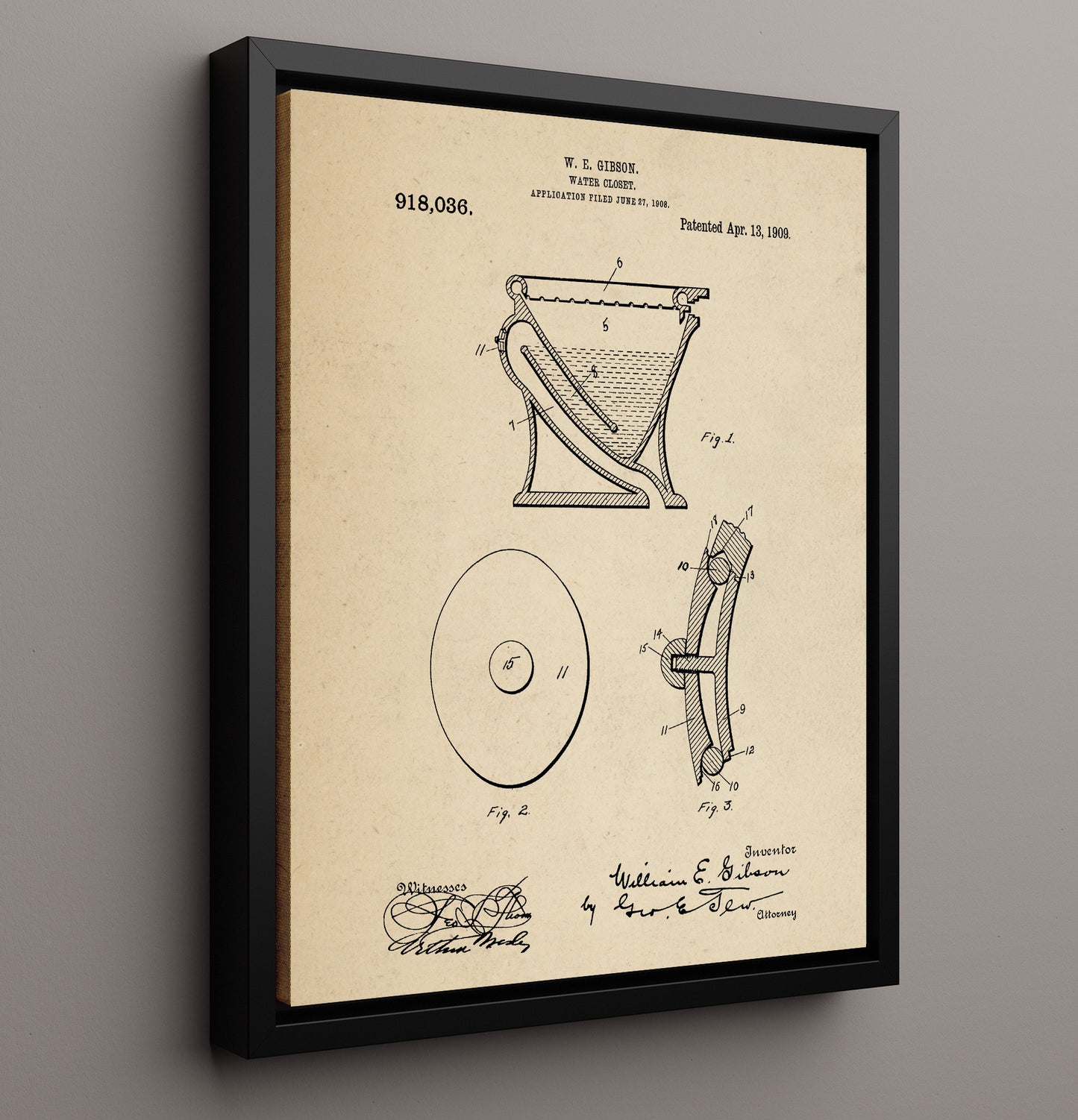 Patent Print - Water Closet - William E Gibson - 1909 - Patent 918036 Patent Wall Art