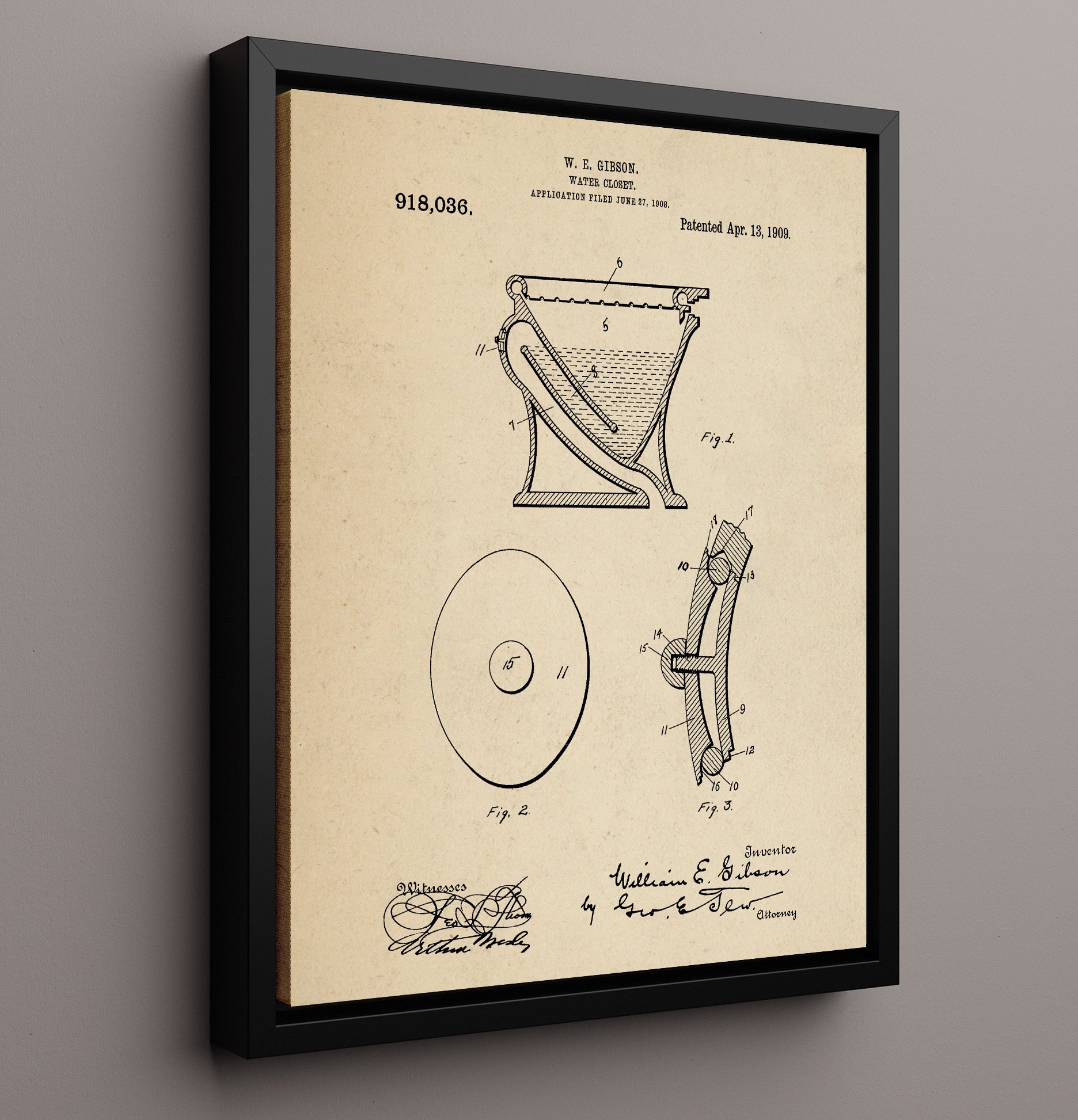 Patent Print - Water Closet - William E Gibson - 1909 - Patent 918036 Patent Wall Art