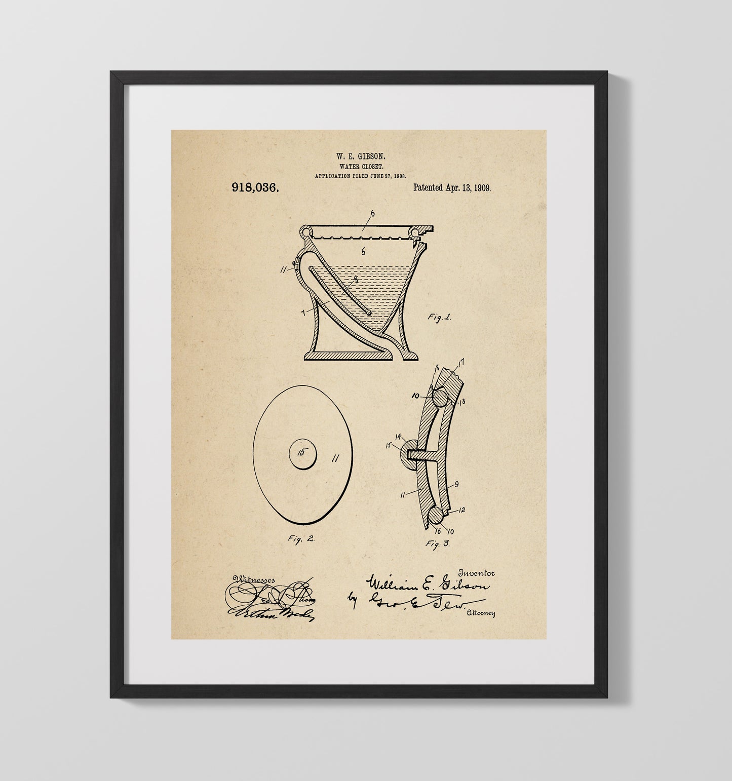 Patent Print - Water Closet - William E Gibson - 1909 - Patent 918036 Patent Wall Art