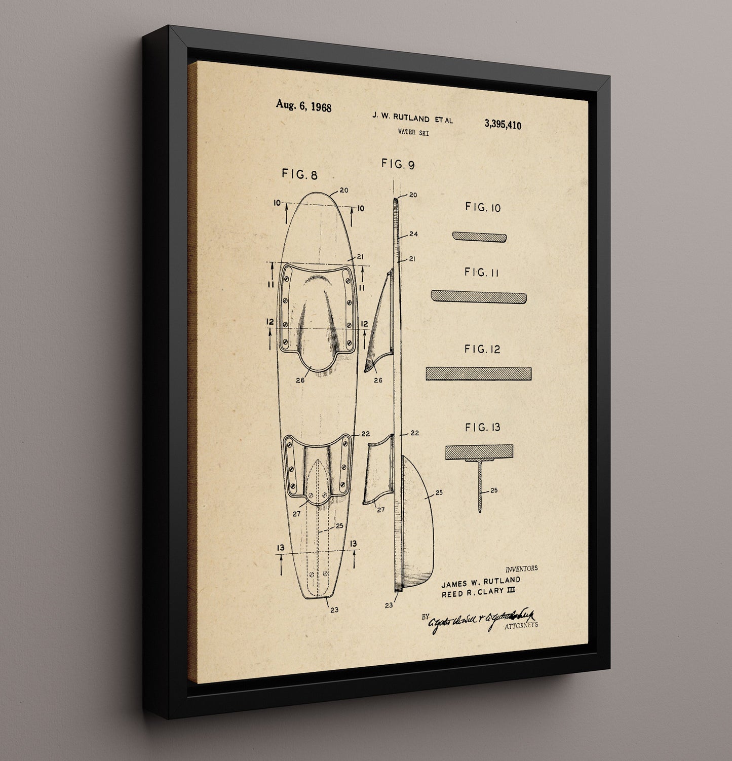 Patent Print - Water Ski - J W Rutland - 1968 - Patent 3395410 Patent Wall Art