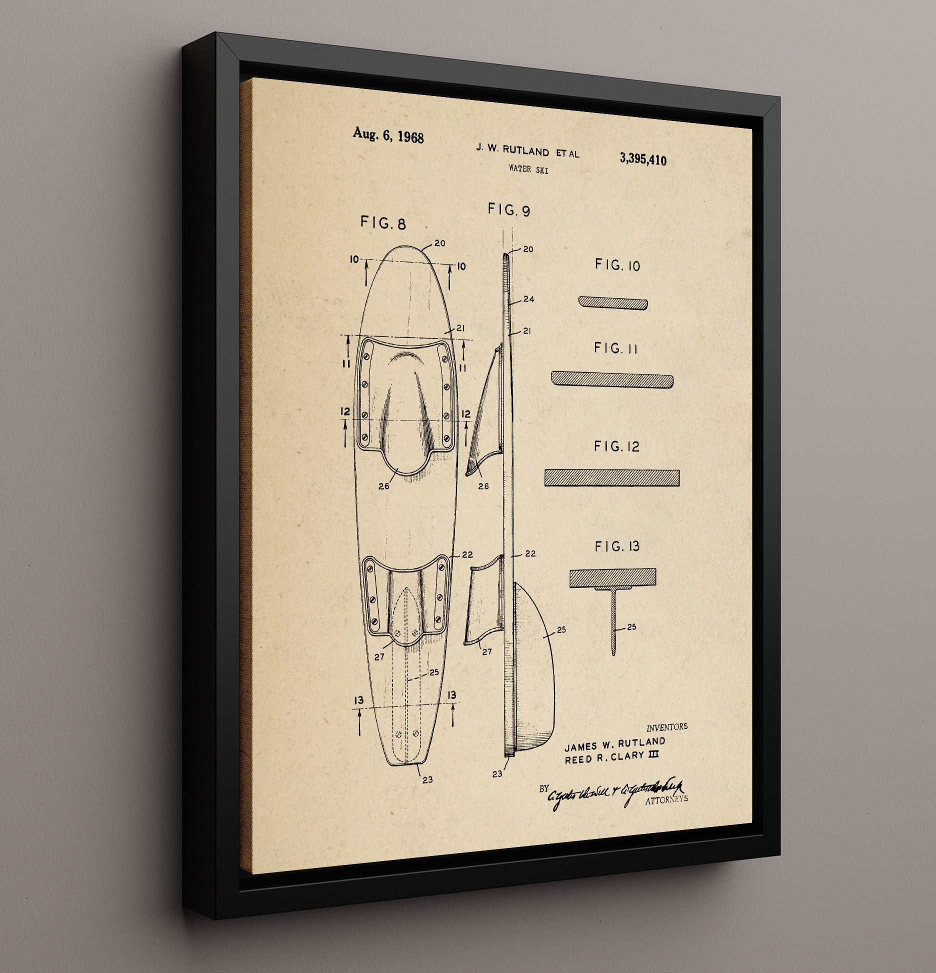 Patent Print - Water Ski - J W Rutland - 1968 - Patent 3395410 Patent Wall Art