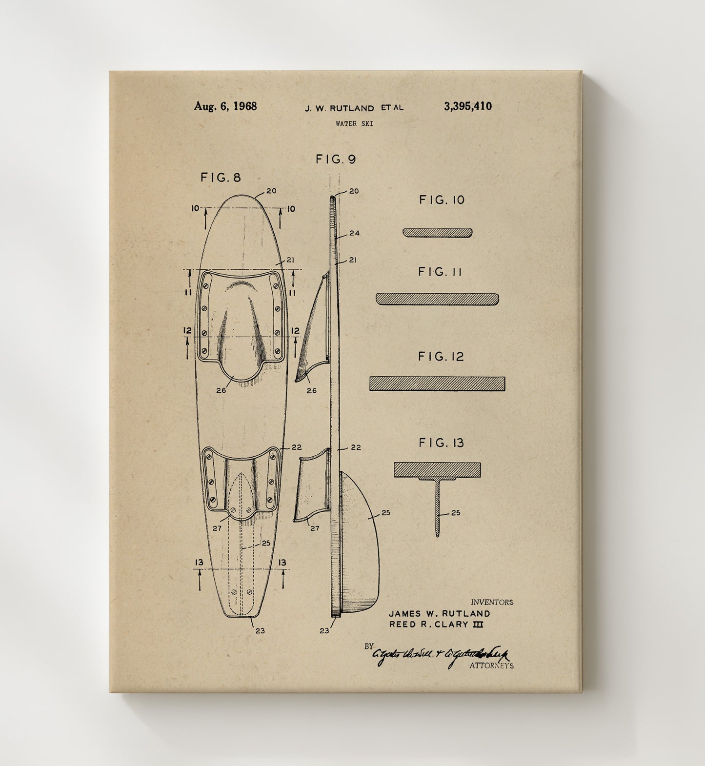 Patent Print - Water Ski - J W Rutland - 1968 - Patent 3395410 Patent Wall Art