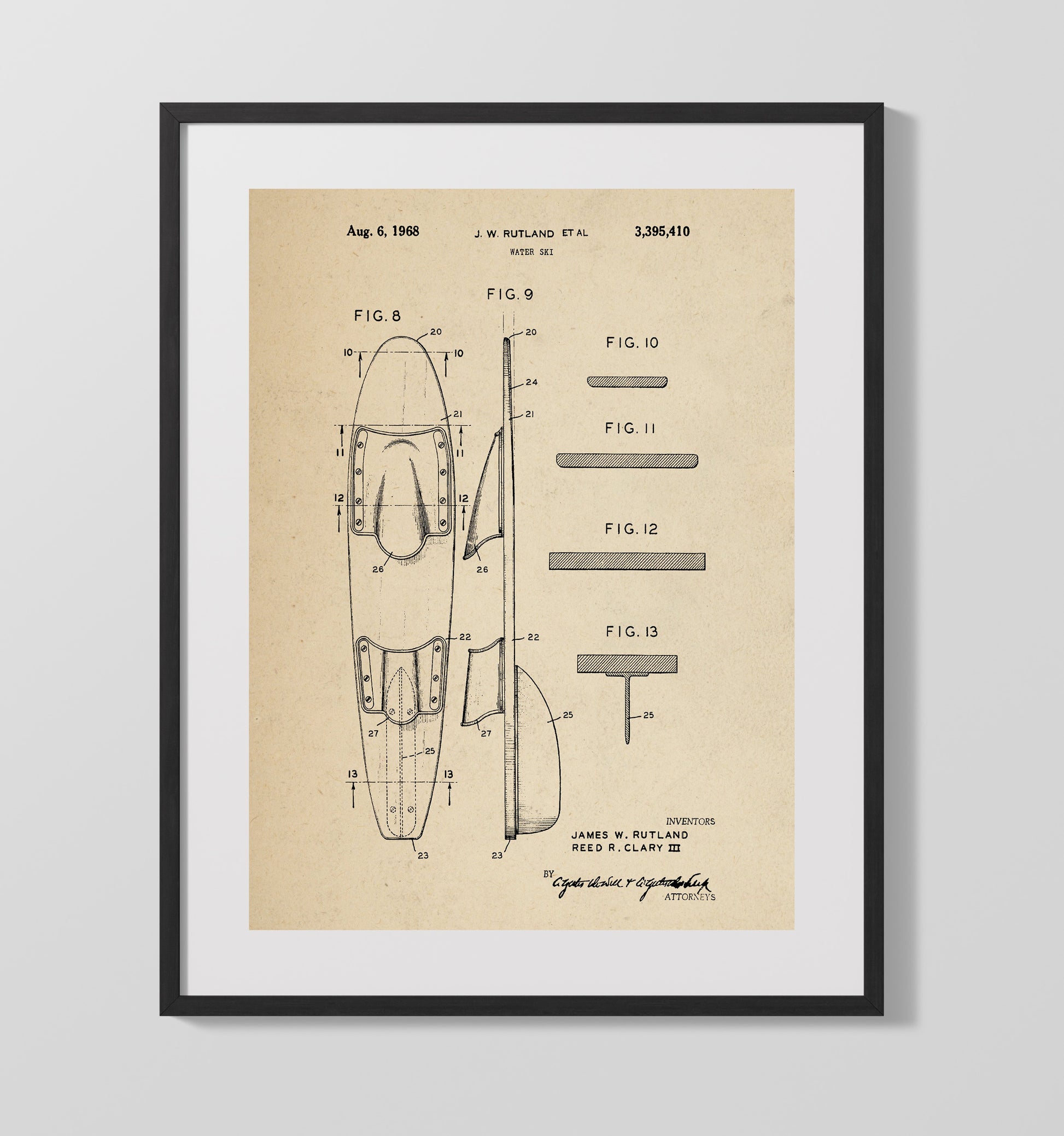 Patent Print - Water Ski - J W Rutland - 1968 - Patent 3395410 Patent Wall Art