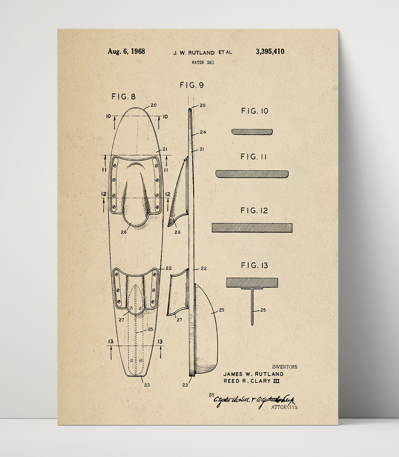 Patent Print - Water Ski - J W Rutland - 1968 - Patent 3395410 Patent Wall Art