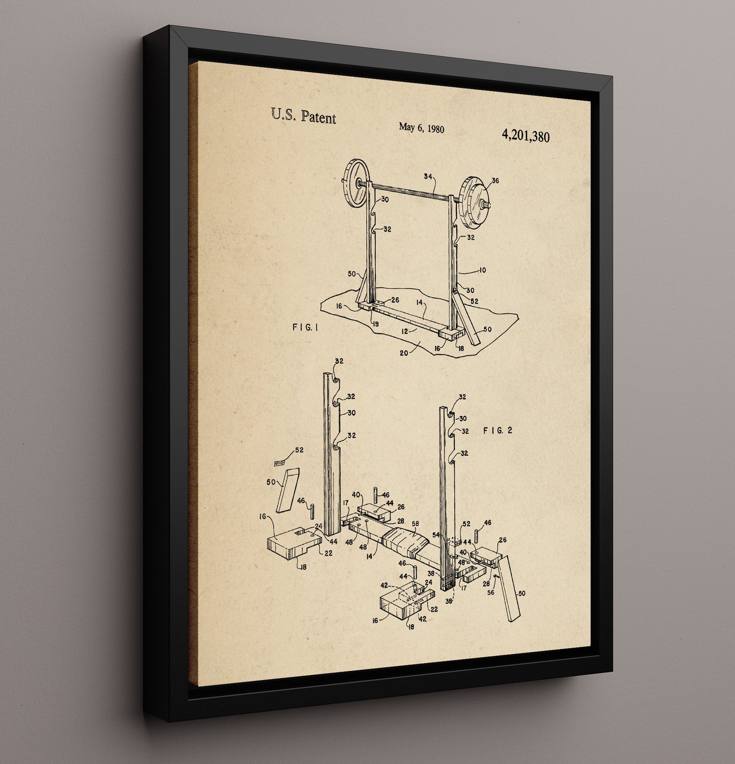 Patent Print - Weightlifting Rack - Unknown Inventor - 1980 - Patent 4201380 Patent Wall Art