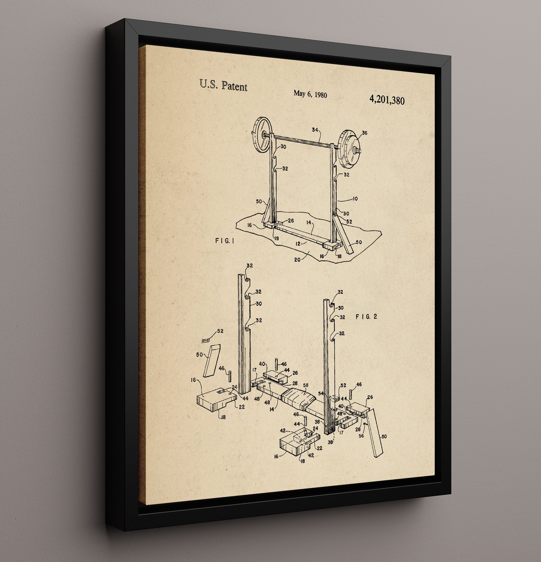 Patent Print - Weightlifting Rack - Unknown Inventor - 1980 - Patent 4201380 Patent Wall Art