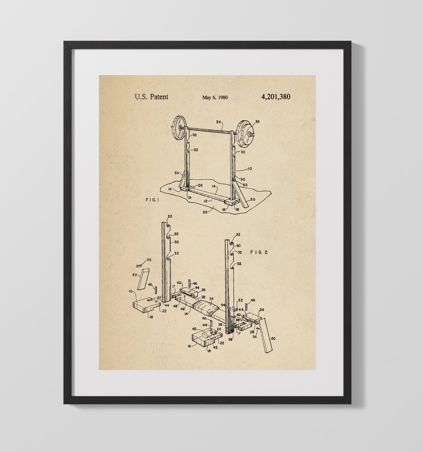 Patent Print - Weightlifting Rack - Unknown Inventor - 1980 - Patent 4201380 Patent Wall Art