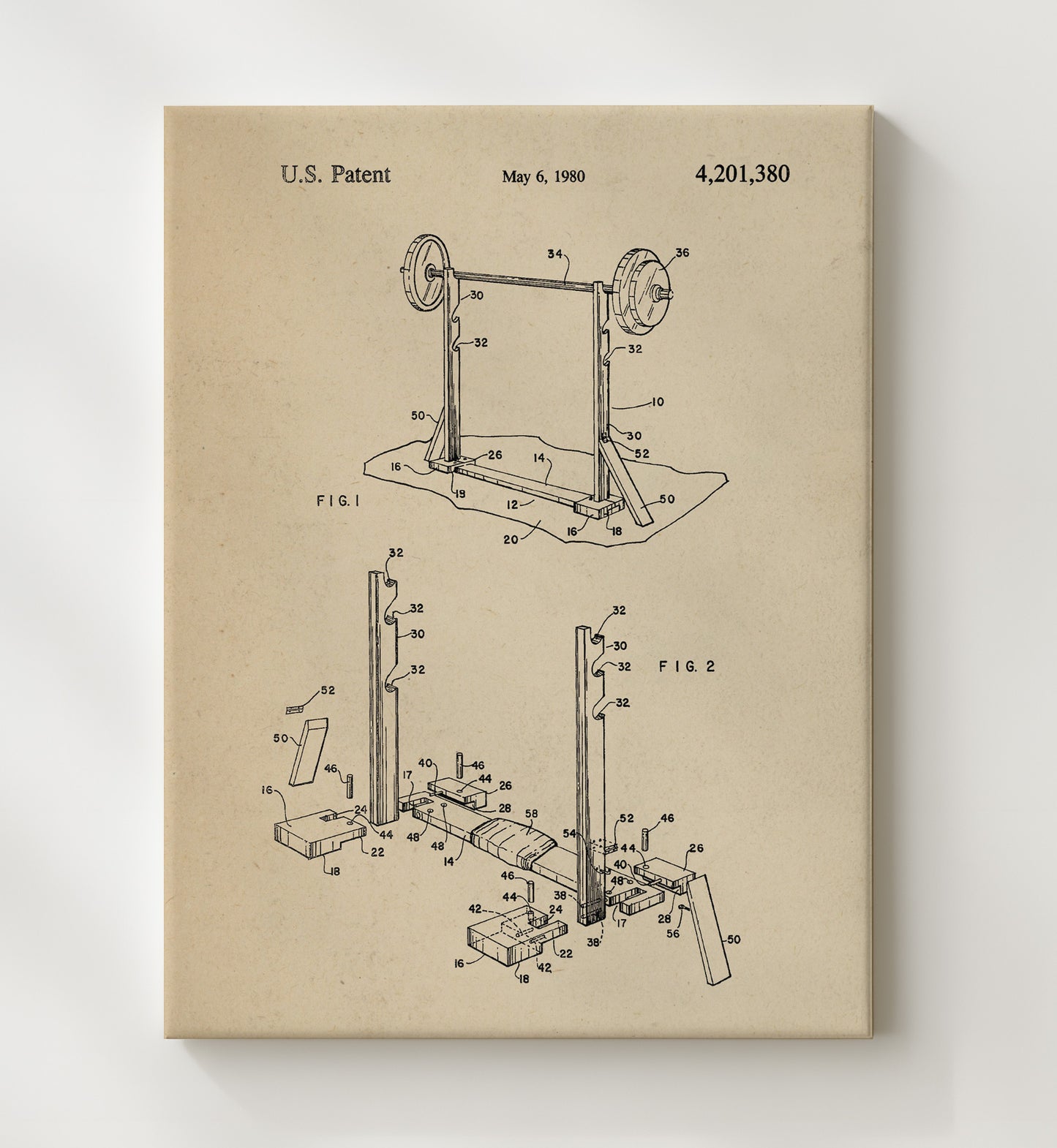 Patent Print - Weightlifting Rack - Unknown Inventor - 1980 - Patent 4201380 Patent Wall Art