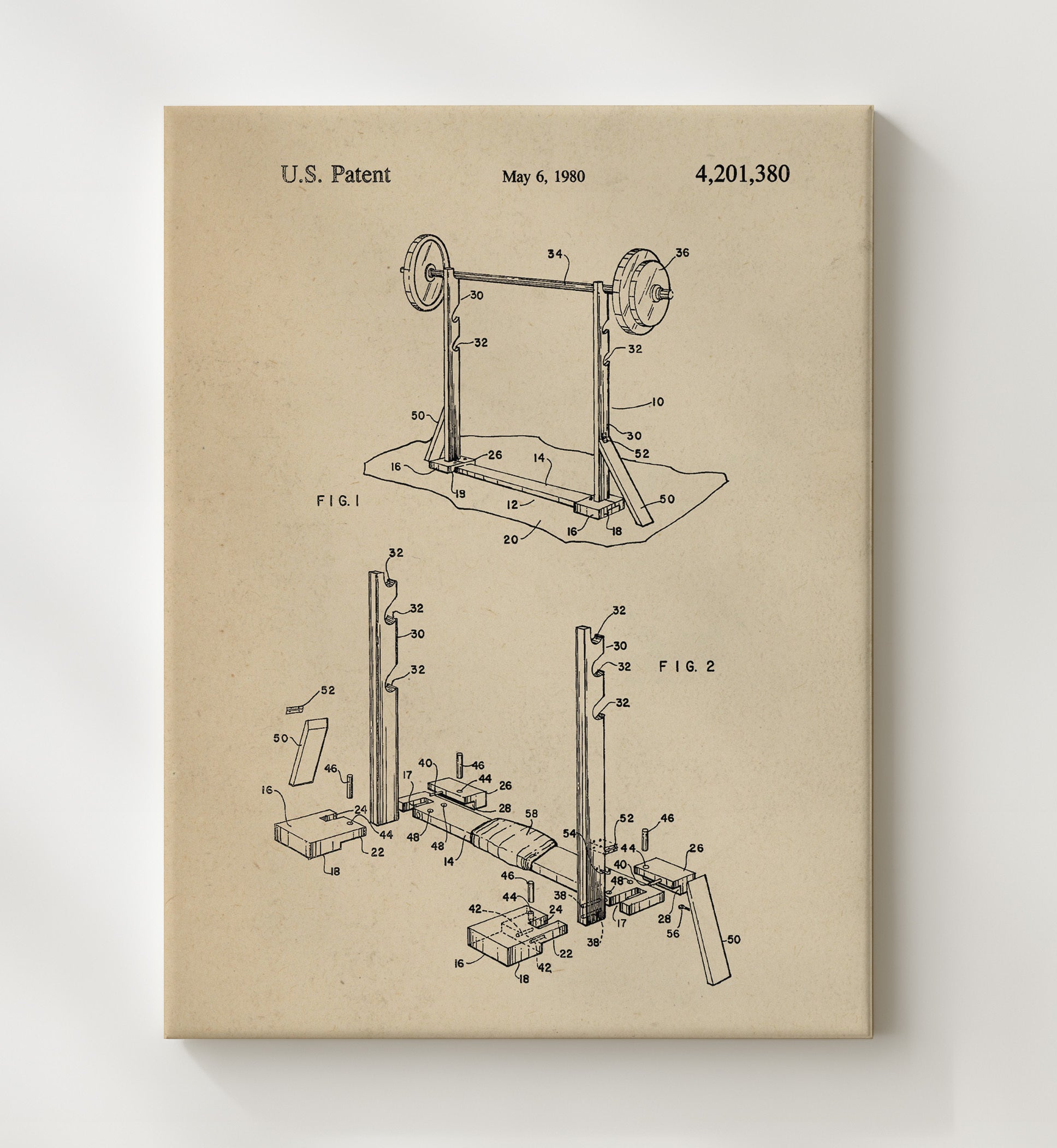 Patent Print - Weightlifting Rack - Unknown Inventor - 1980 - Patent 4201380 Patent Wall Art