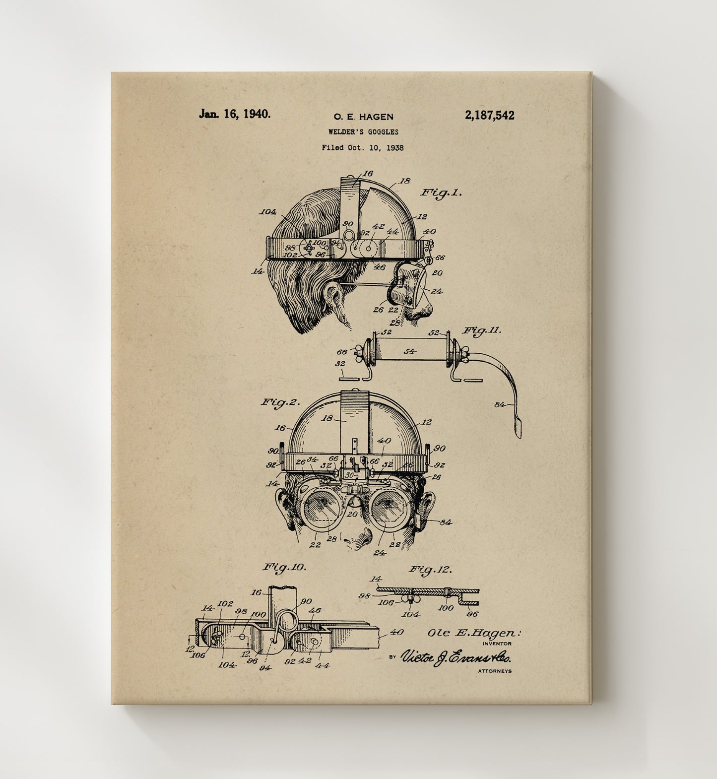 Patent Print - Welders Goggles - Ole E. Hagen - 1940 - Patent 2187542 Patent Wall Art
