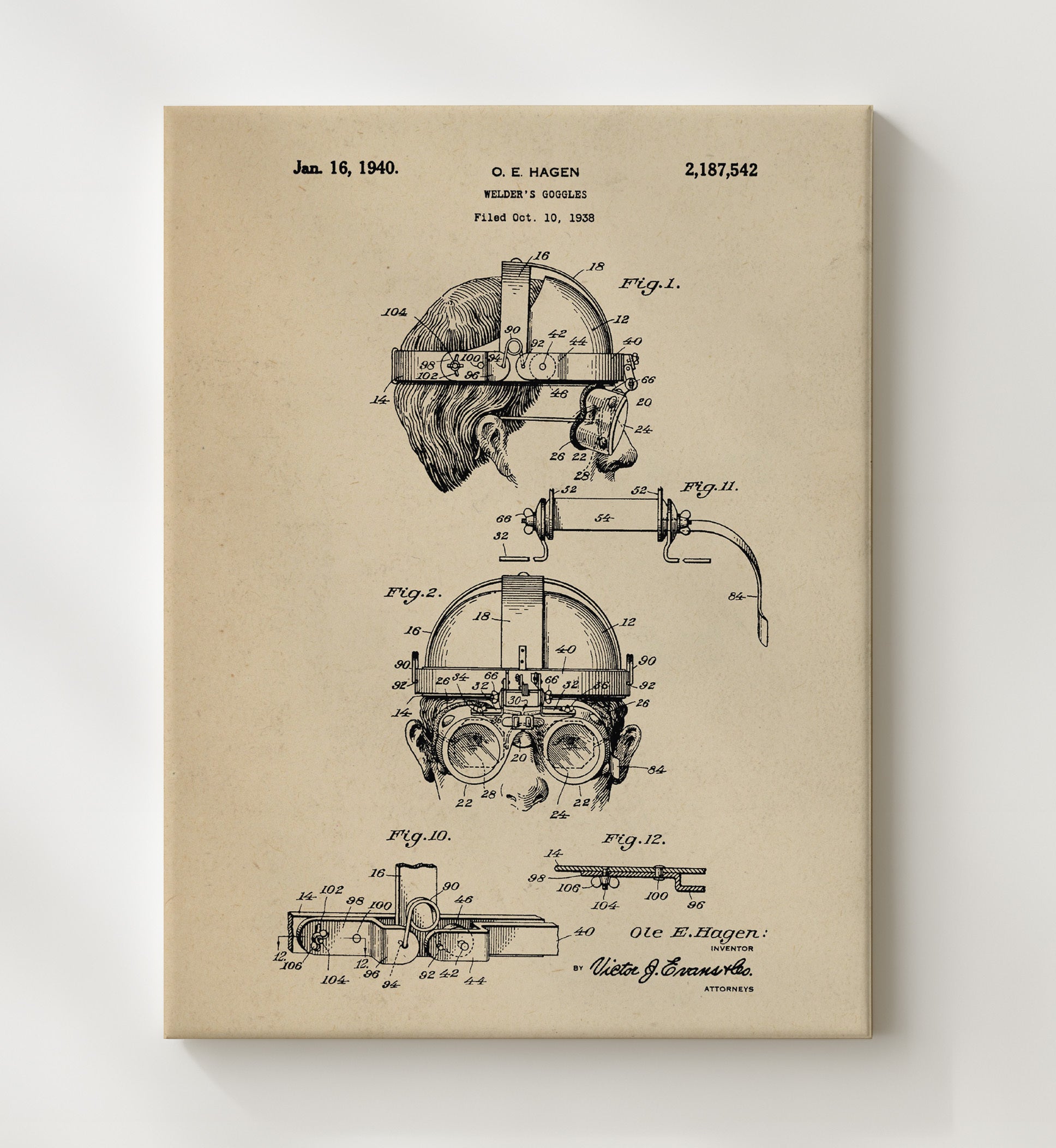 Patent Print - Welders Goggles - Ole E. Hagen - 1940 - Patent 2187542 Patent Wall Art