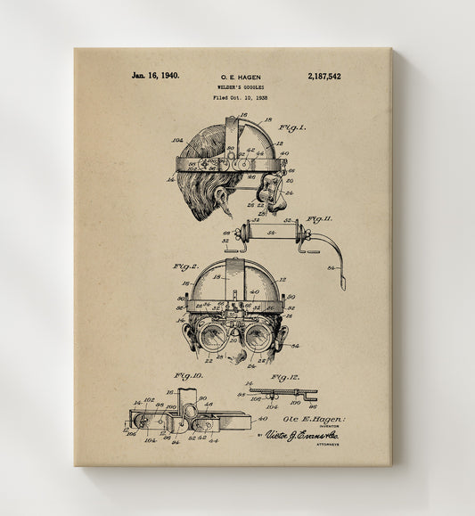 Welders Goggles 1940 patent print wall art 8x10 Canvas