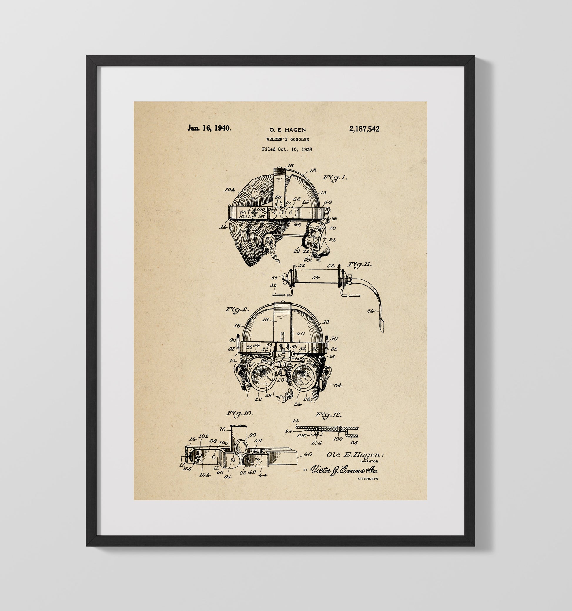 Patent Print - Welders Goggles - Ole E. Hagen - 1940 - Patent 2187542 Patent Wall Art