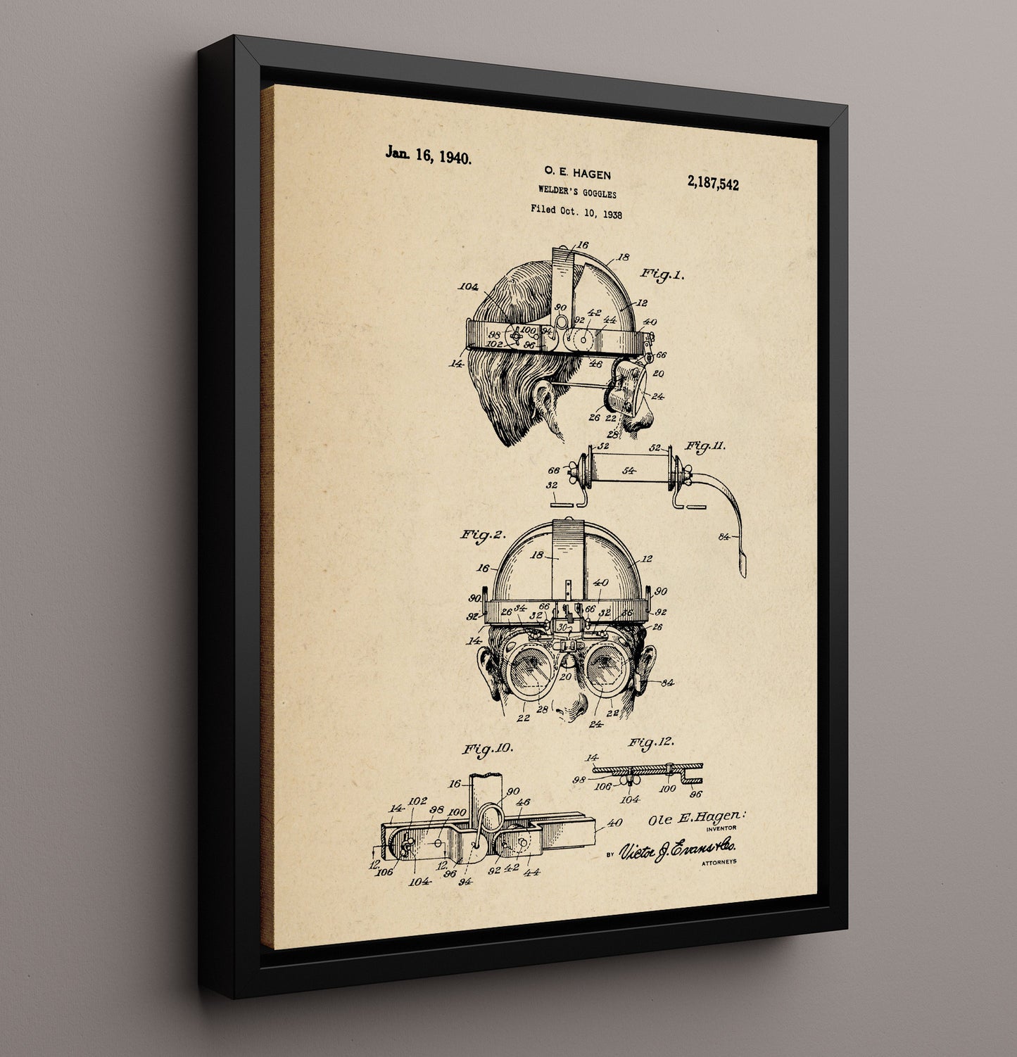 Patent Print - Welders Goggles - Ole E. Hagen - 1940 - Patent 2187542 Patent Wall Art