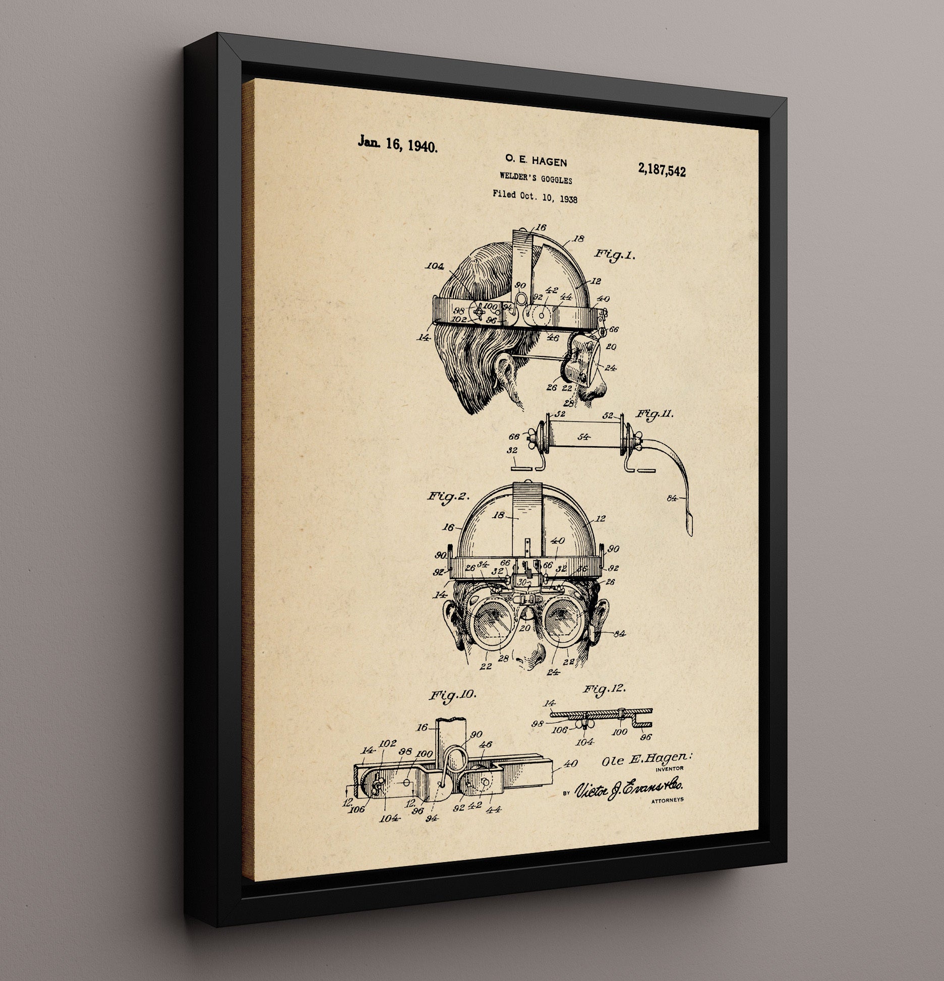 Patent Print - Welders Goggles - Ole E. Hagen - 1940 - Patent 2187542 Patent Wall Art