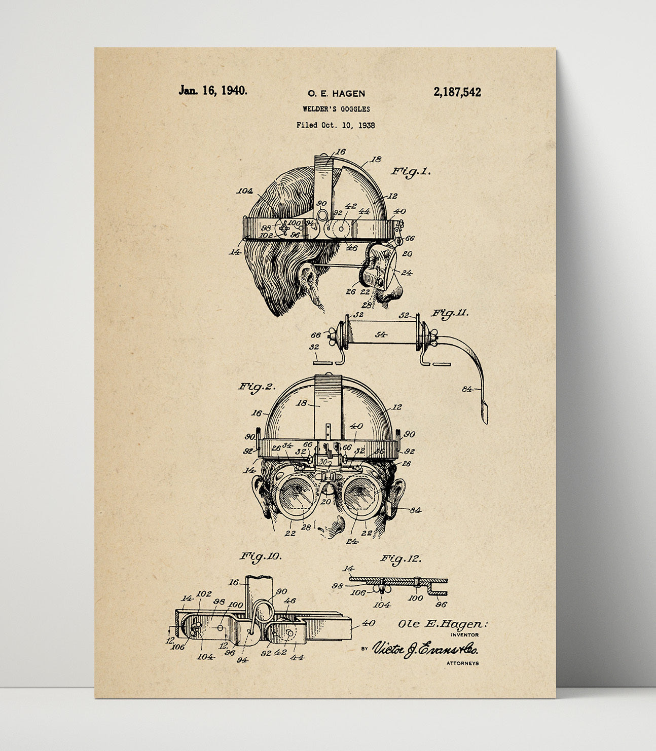 Patent Print - Welders Goggles - Ole E. Hagen - 1940 - Patent 2187542 Patent Wall Art