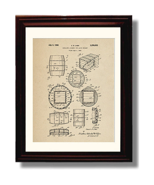Patent Print - Whiskey Aging Container Assembly - C.B. Labs - 1966 - Patent 3259055 Patent Wall Art