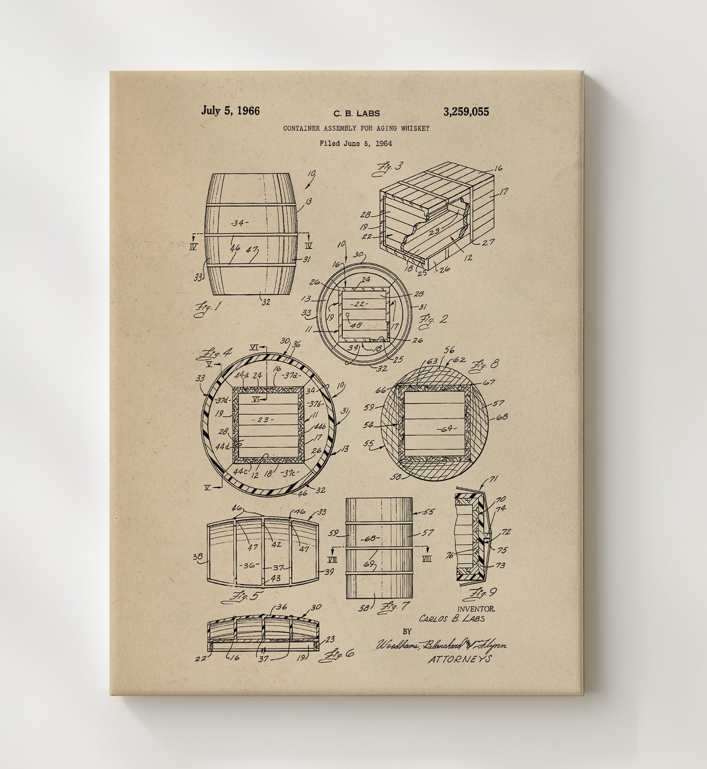 Patent Print - Whiskey Aging Container Assembly - C.B. Labs - 1966 - Patent 3259055 Patent Wall Art