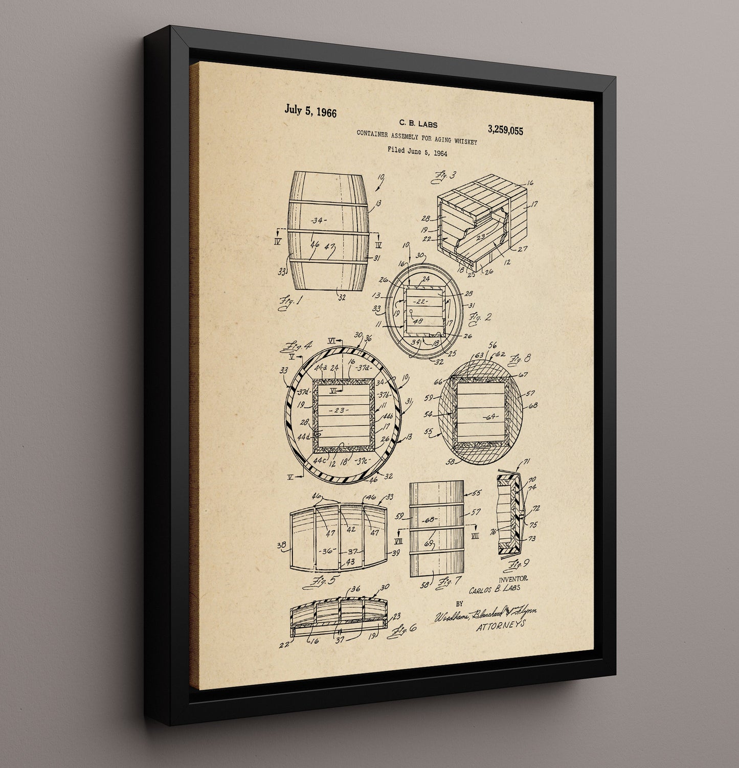 Patent Print - Whiskey Aging Container Assembly - C.B. Labs - 1966 - Patent 3259055 Patent Wall Art