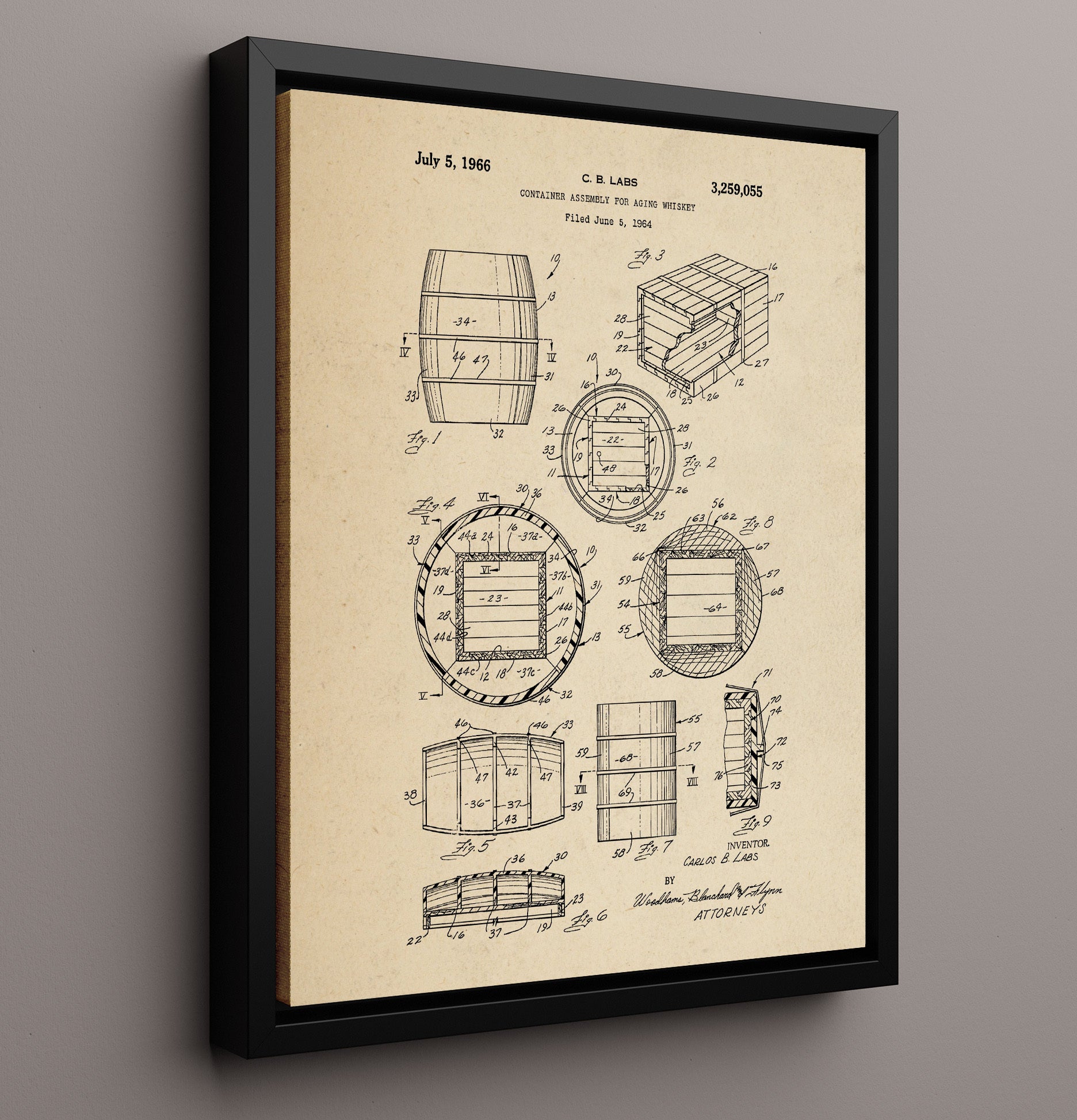 Patent Print - Whiskey Aging Container Assembly - C.B. Labs - 1966 - Patent 3259055 Patent Wall Art