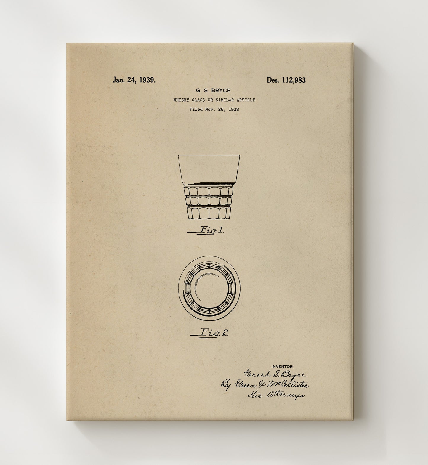 Patent Print - Whisky Glass Or Similar Article - G.S. Bryce - 1939 - Patent D112983 Patent Wall Art