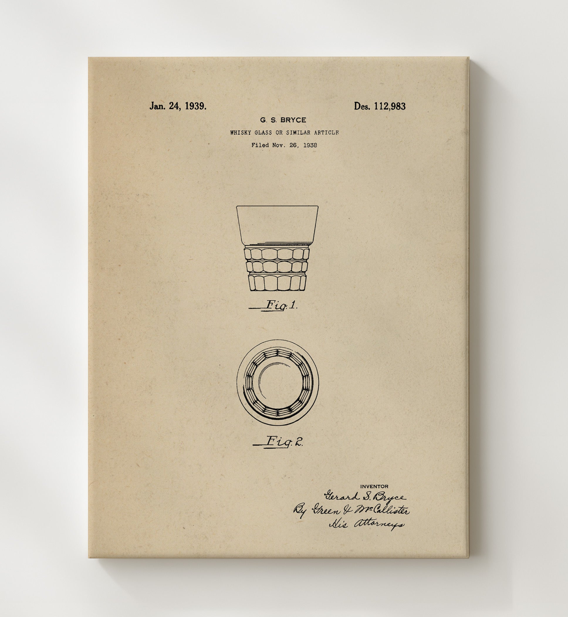 Patent Print - Whisky Glass Or Similar Article - G.S. Bryce - 1939 - Patent D112983 Patent Wall Art