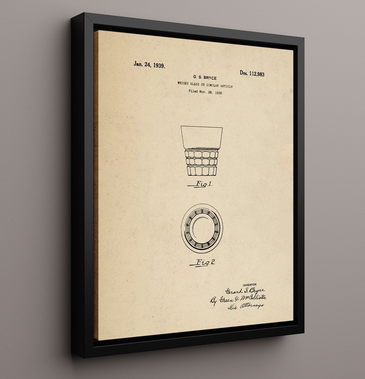 Patent Print - Whisky Glass Or Similar Article - G.S. Bryce - 1939 - Patent D112983 Patent Wall Art