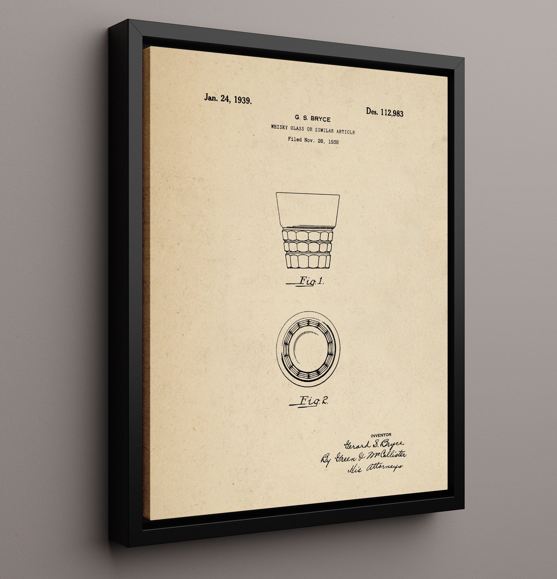 Patent Print - Whisky Glass Or Similar Article - G.S. Bryce - 1939 - Patent D112983 Patent Wall Art
