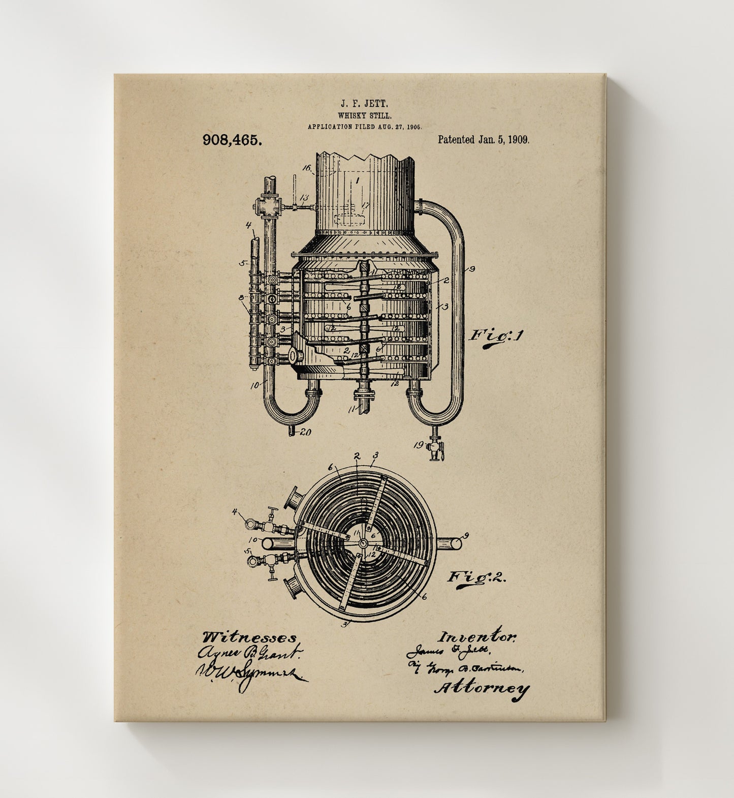 Patent Print - Whisky Still - J.F. Jett - 1909 - Patent 908465 Patent Wall Art