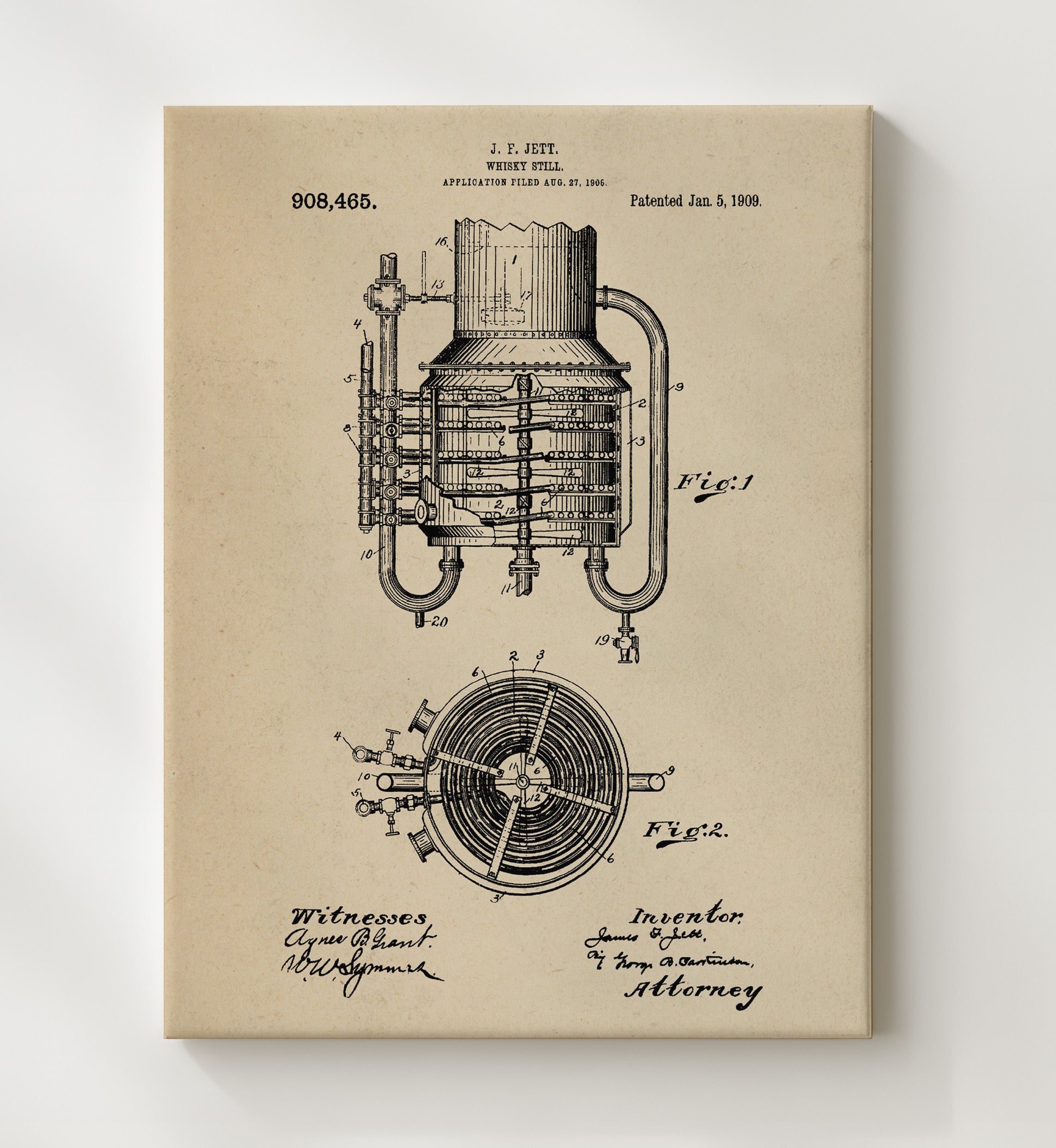 Patent Print - Whisky Still - J.F. Jett - 1909 - Patent 908465 Patent Wall Art