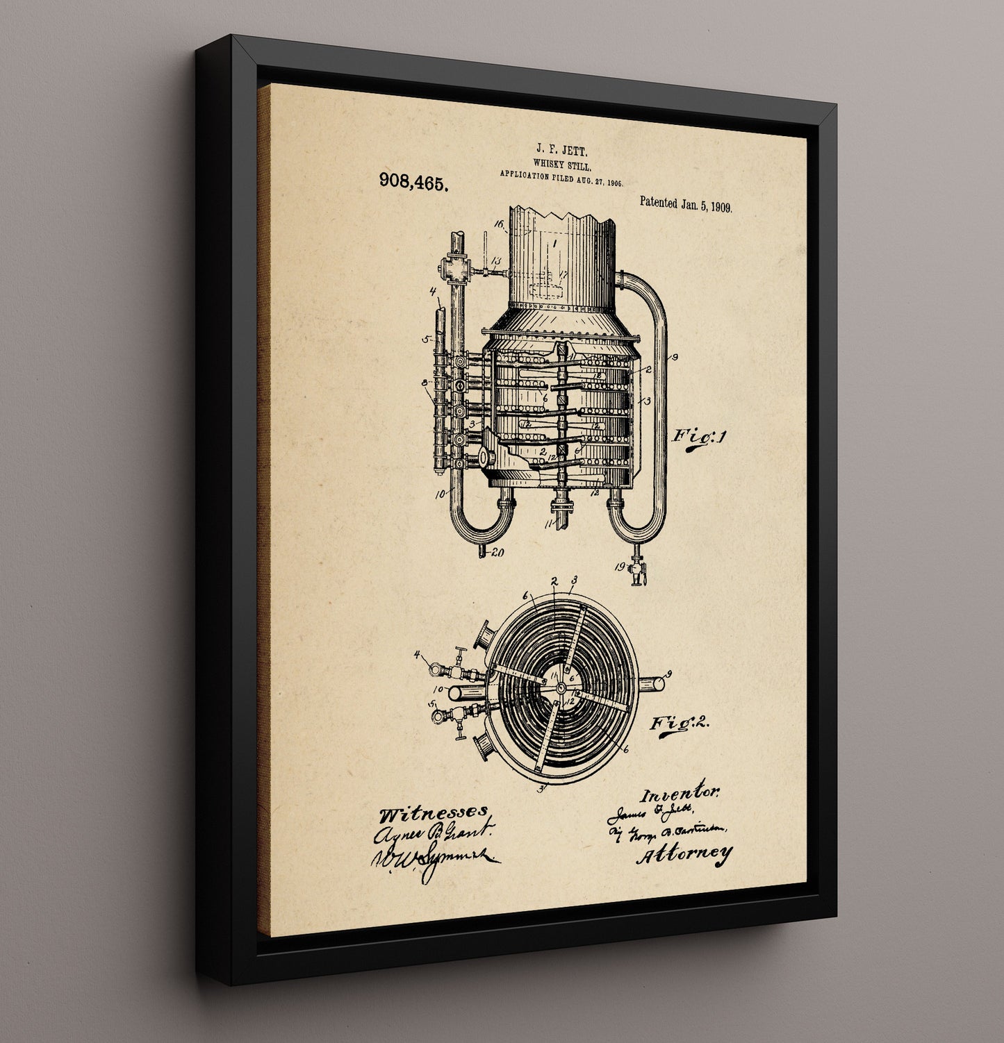 Patent Print - Whisky Still - J.F. Jett - 1909 - Patent 908465 Patent Wall Art