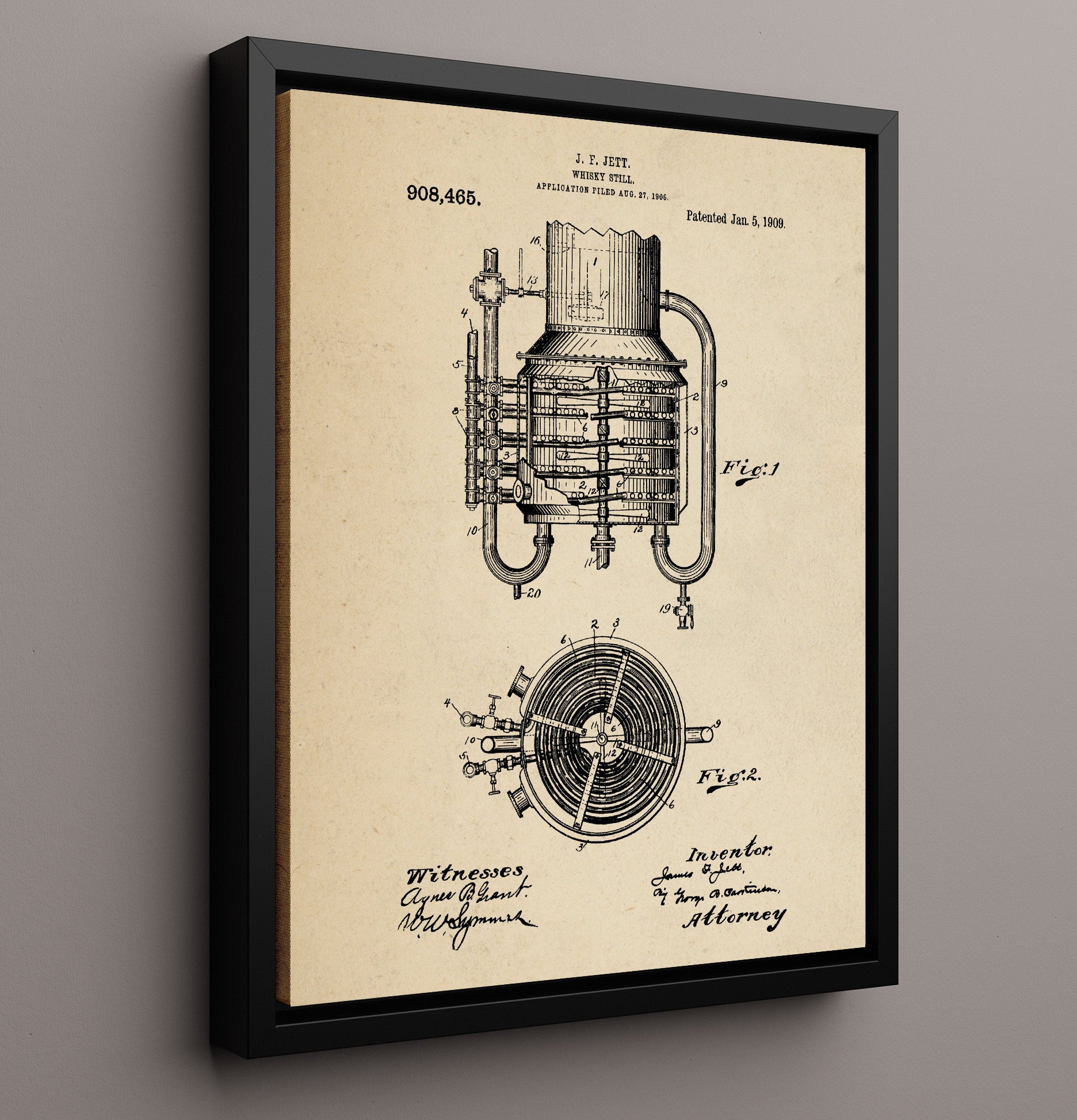 Patent Print - Whisky Still - J.F. Jett - 1909 - Patent 908465 Patent Wall Art