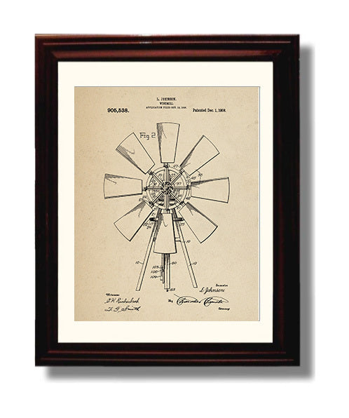 Patent Print - Windmill - L. Johnson - 1908 - Patent 905538 Patent Wall Art