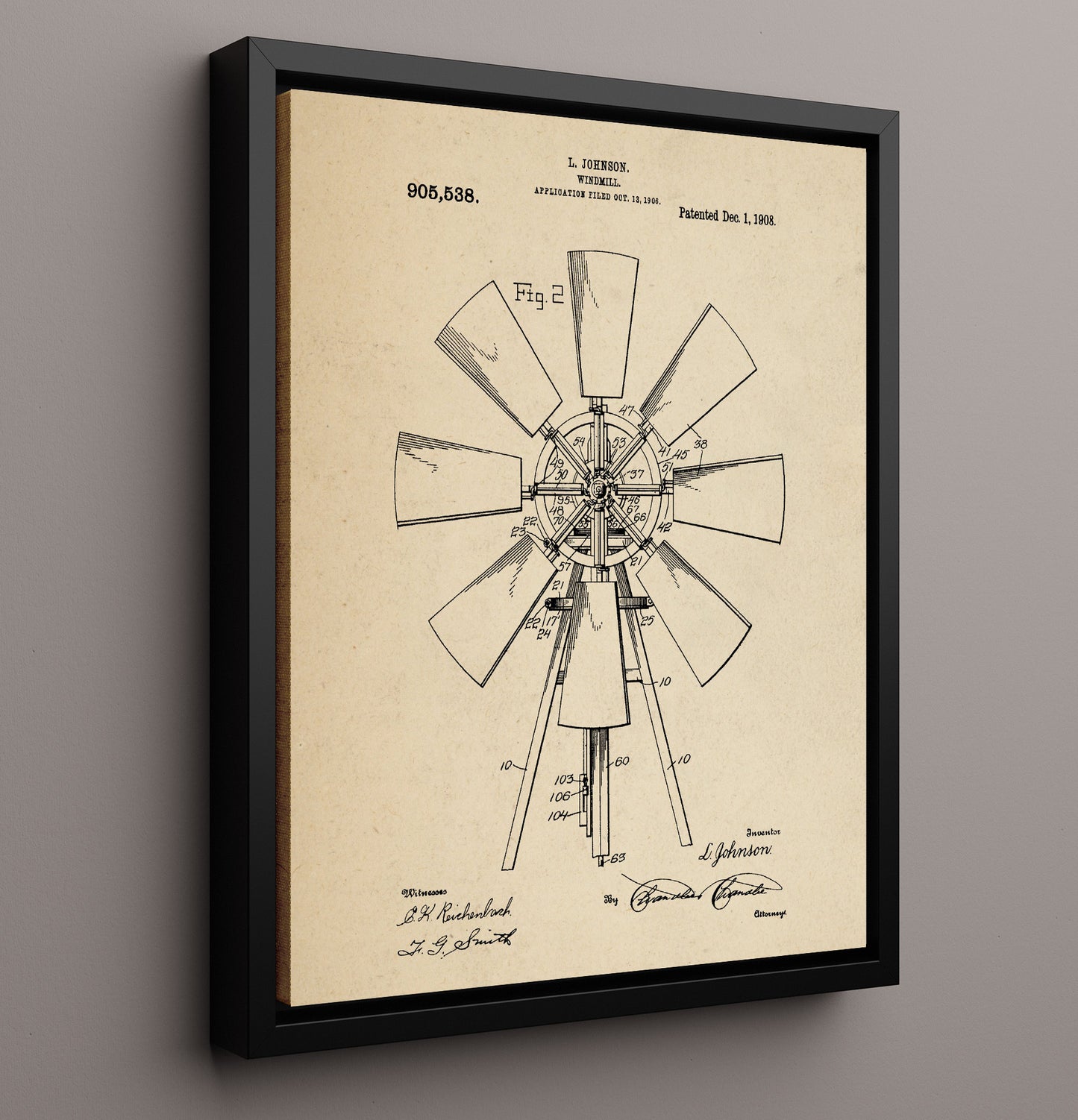 Patent Print - Windmill - L. Johnson - 1908 - Patent 905538 Patent Wall Art