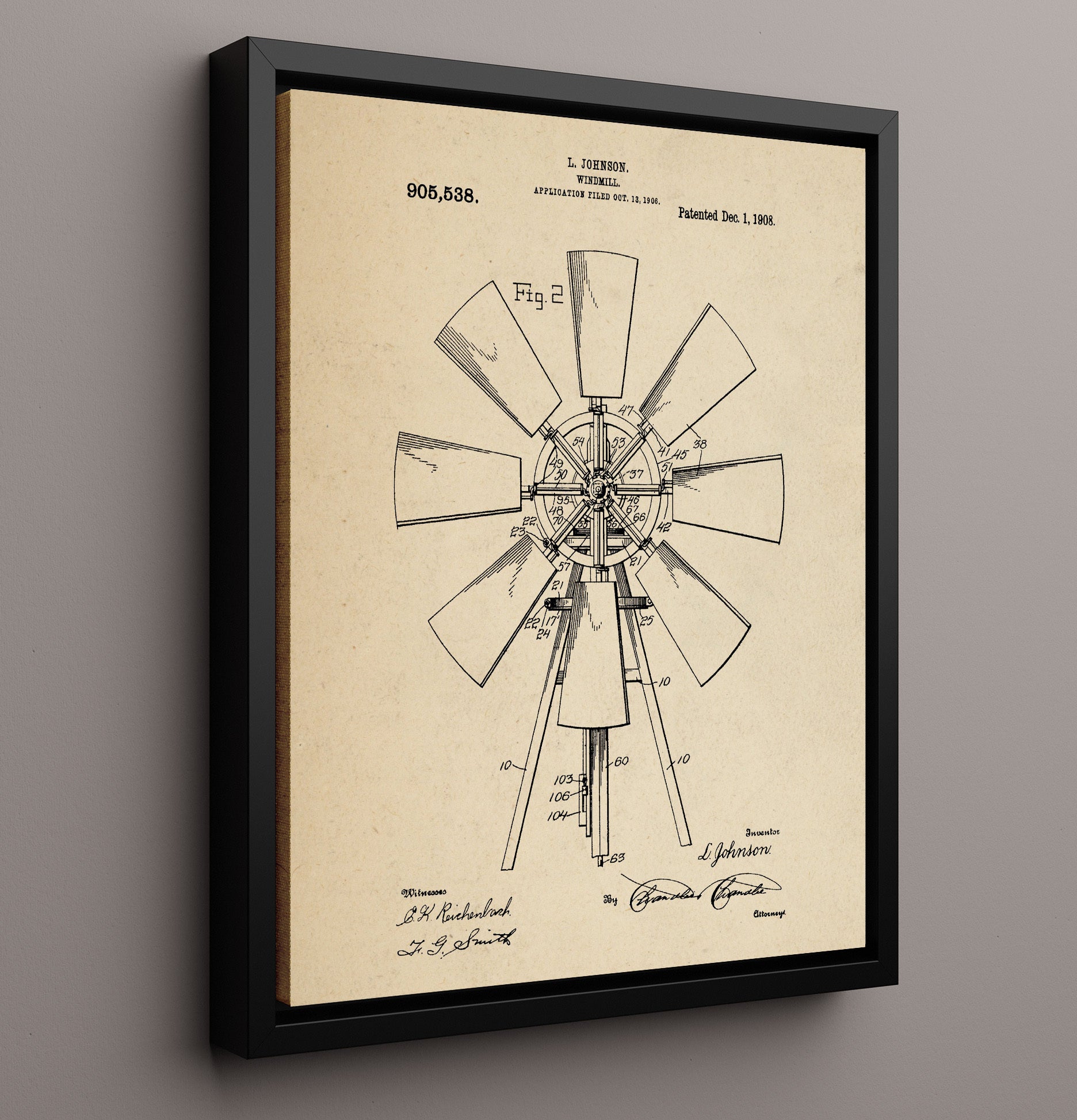 Patent Print - Windmill - L. Johnson - 1908 - Patent 905538 Patent Wall Art