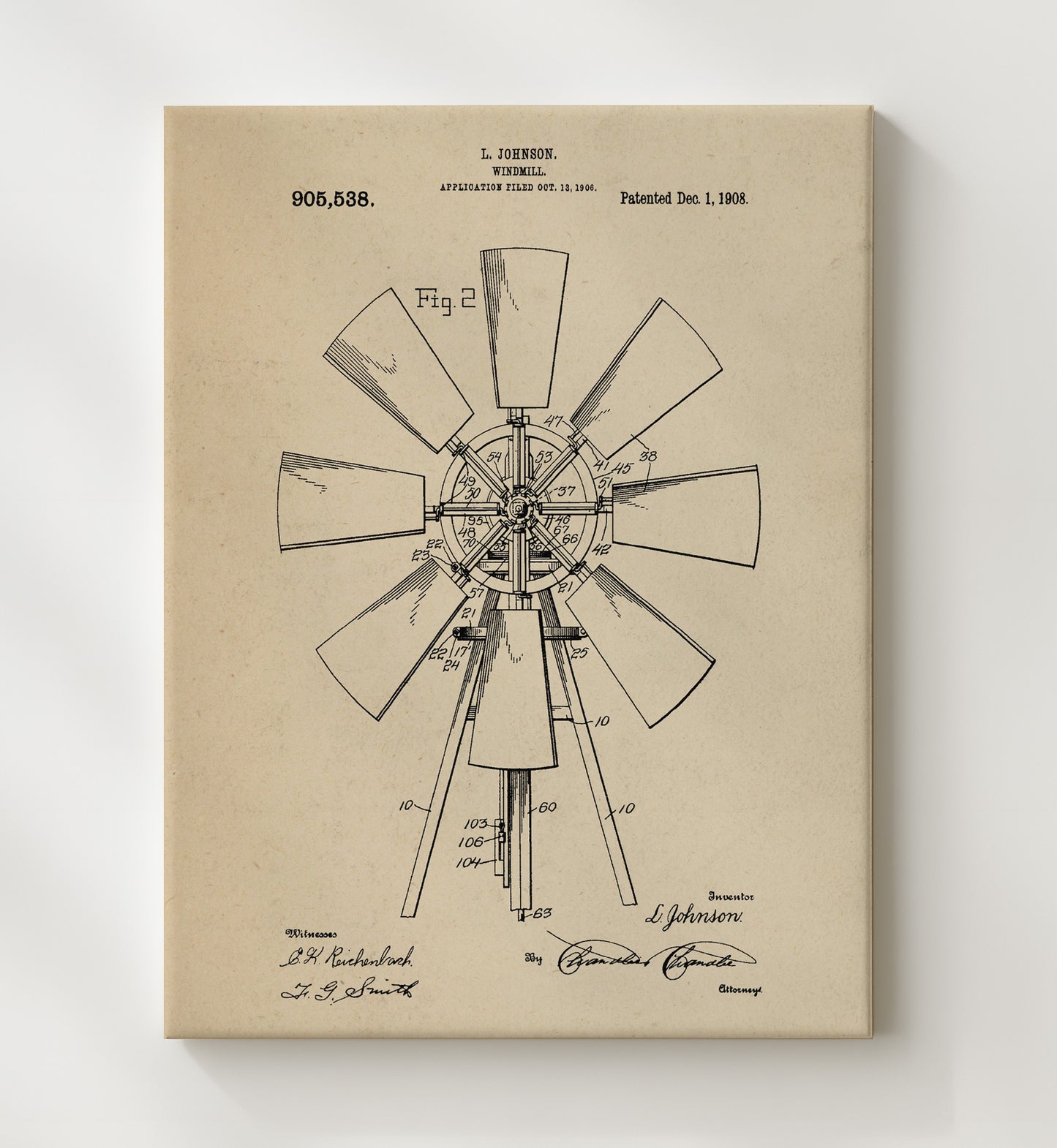 Patent Print - Windmill - L. Johnson - 1908 - Patent 905538 Patent Wall Art