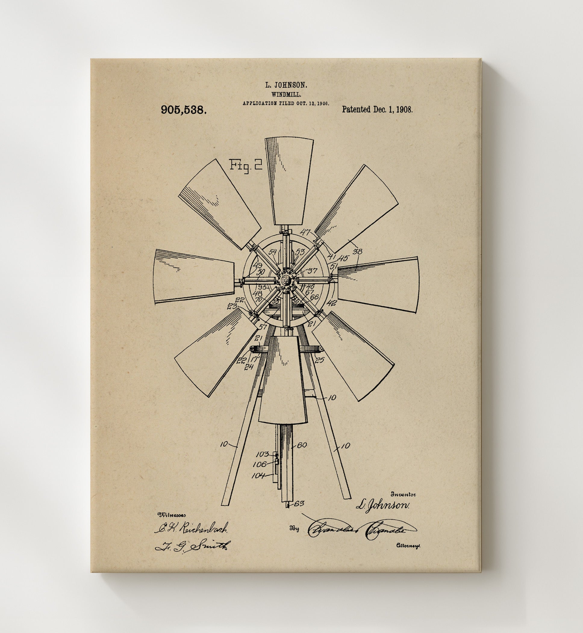 Patent Print - Windmill - L. Johnson - 1908 - Patent 905538 Patent Wall Art