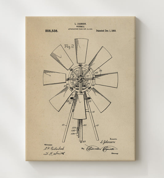 Windmill 1908 patent print wall art 8x10 Canvas
