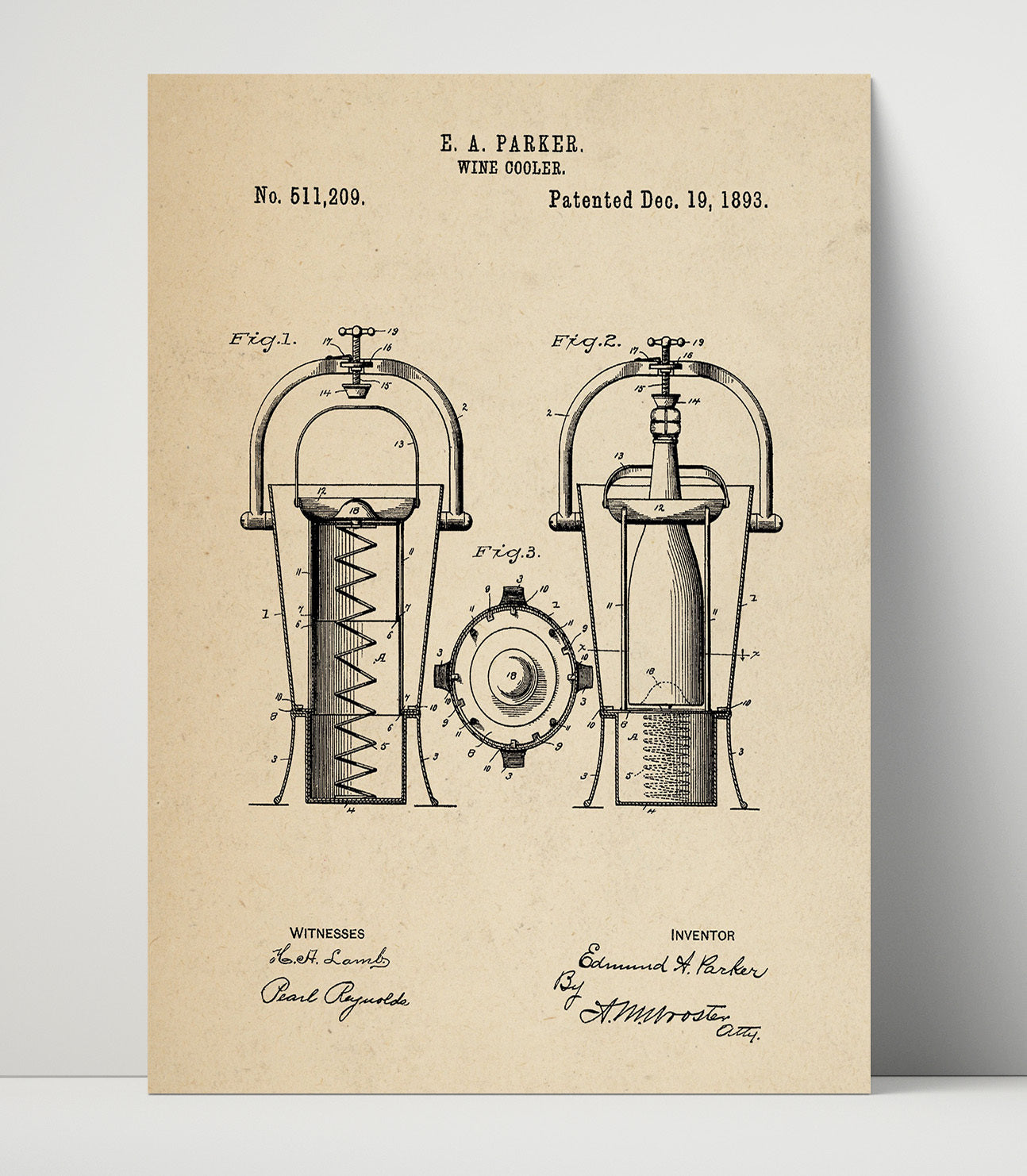 Patent Print - Wine Cooler - E.A. Parker - 1893 - Patent 511209 Patent Wall Art