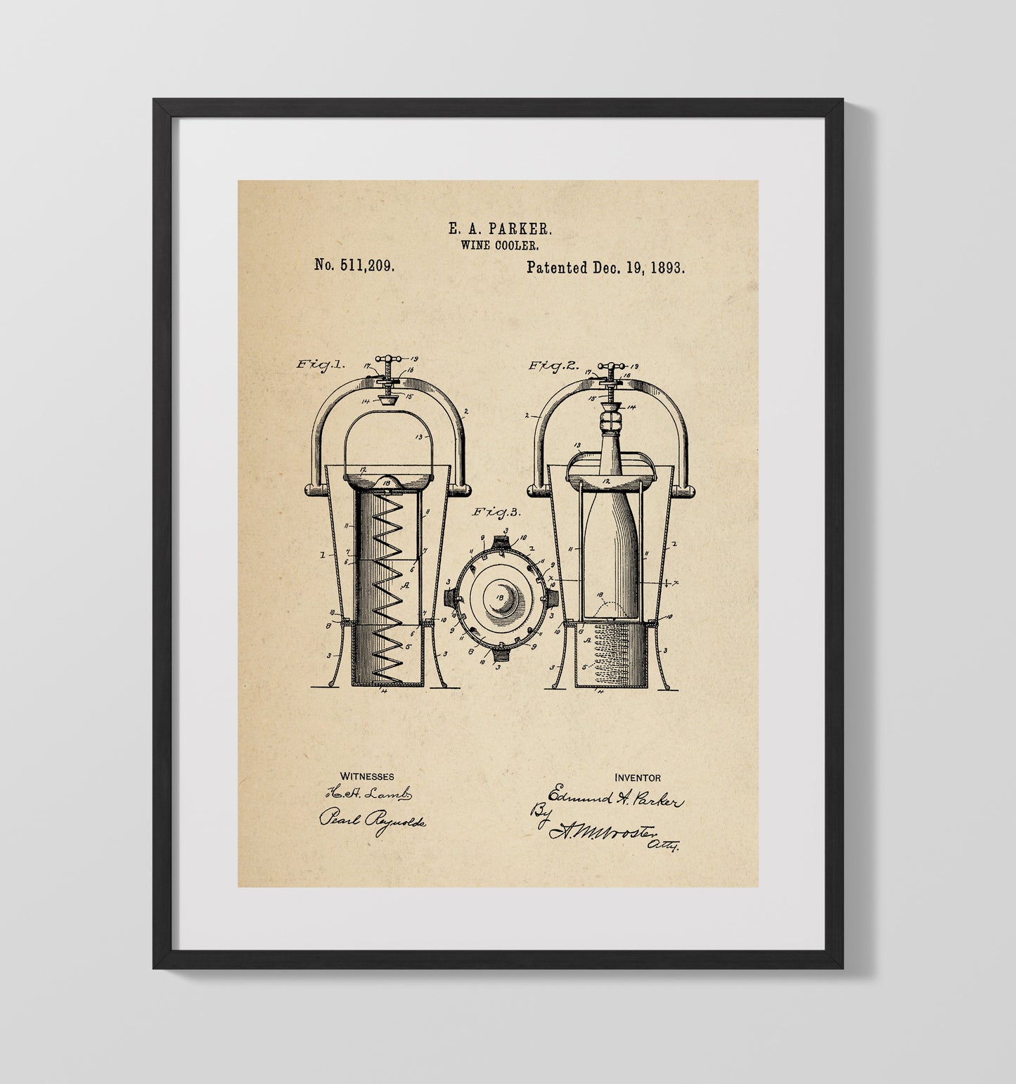 Patent Print - Wine Cooler - E.A. Parker - 1893 - Patent 511209 Patent Wall Art