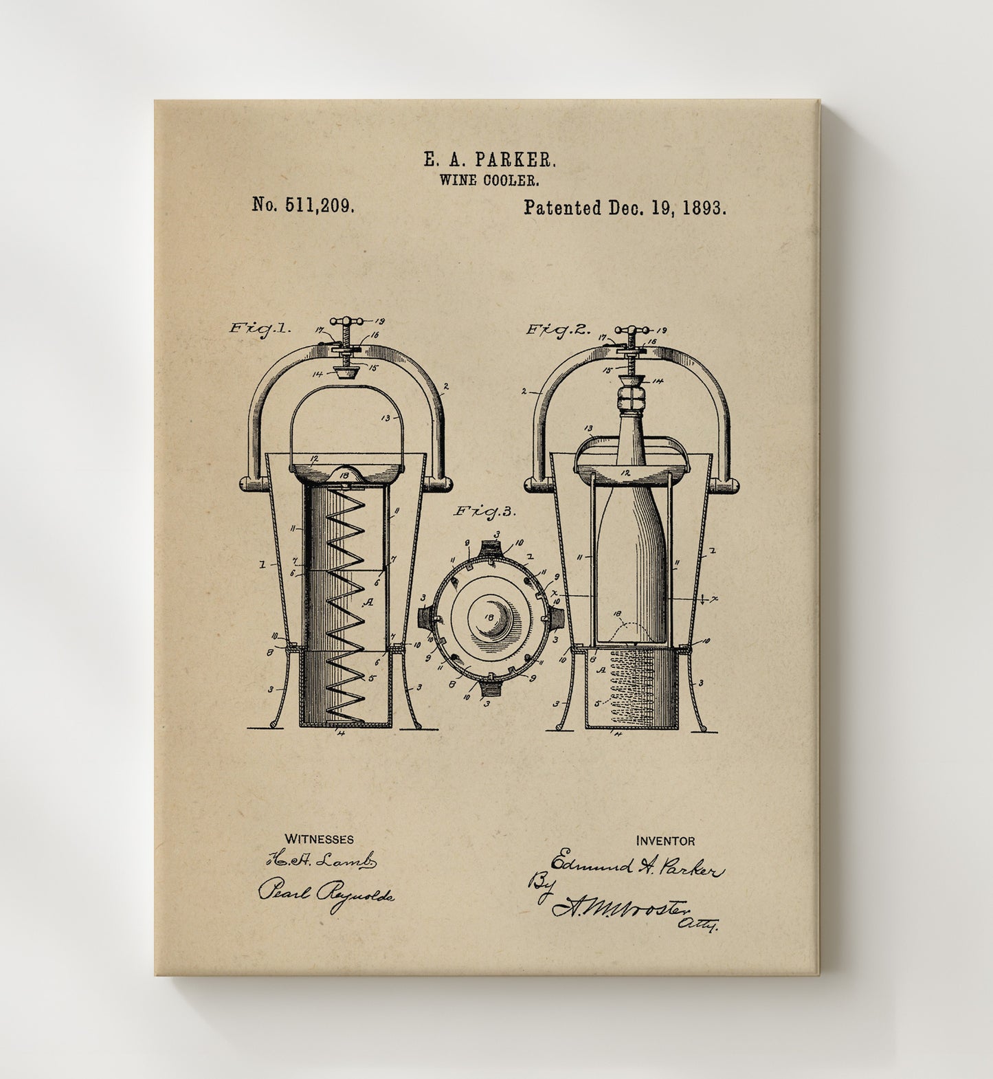 Patent Print - Wine Cooler - E.A. Parker - 1893 - Patent 511209 Patent Wall Art