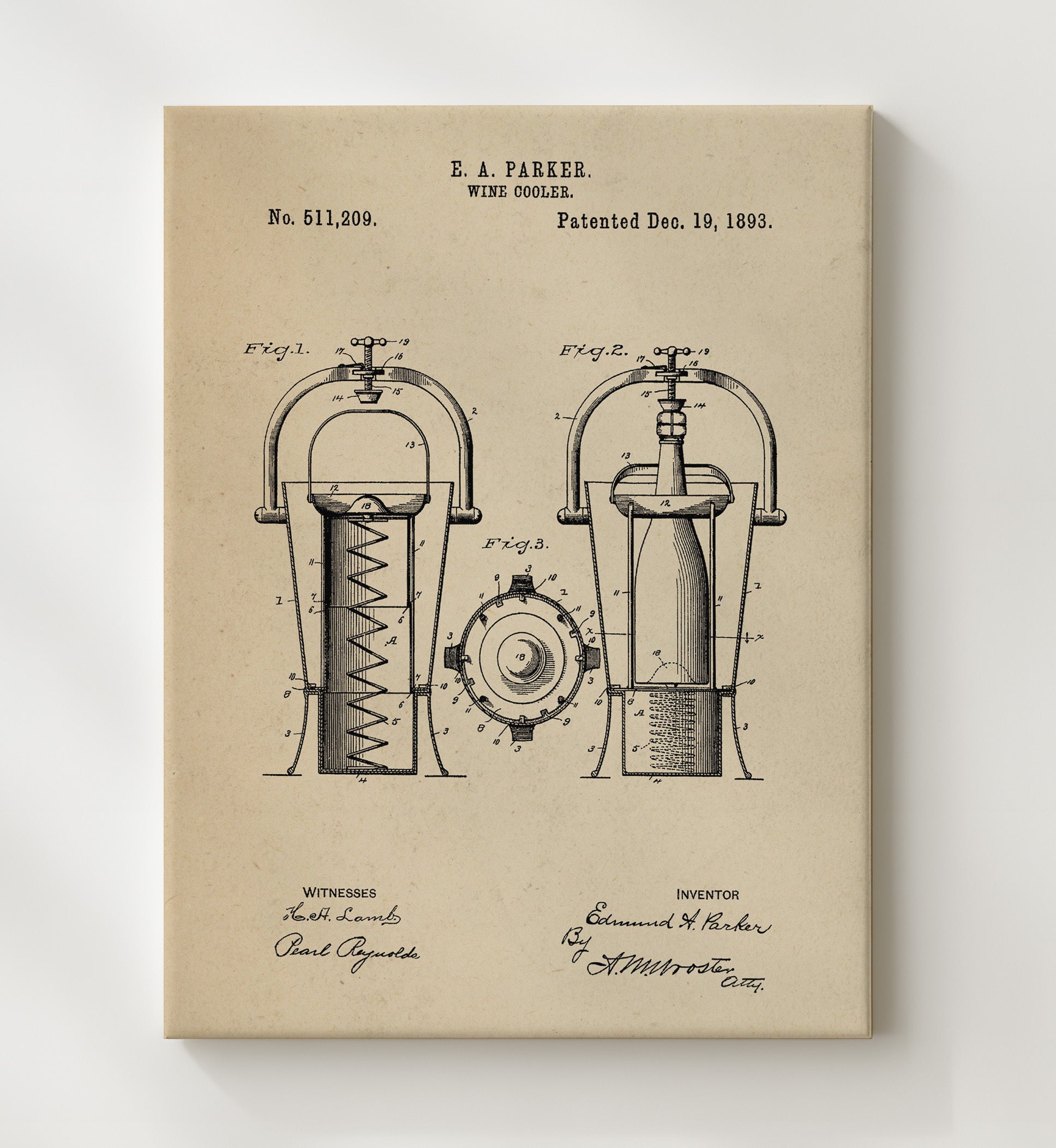 Patent Print - Wine Cooler - E.A. Parker - 1893 - Patent 511209 Patent Wall Art