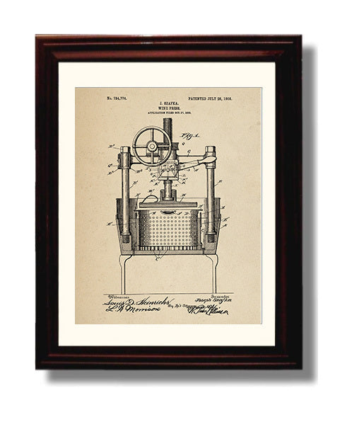 Patent Print - Wine Press - J. Szafka - 1903 - Patent 734774 Patent Wall Art