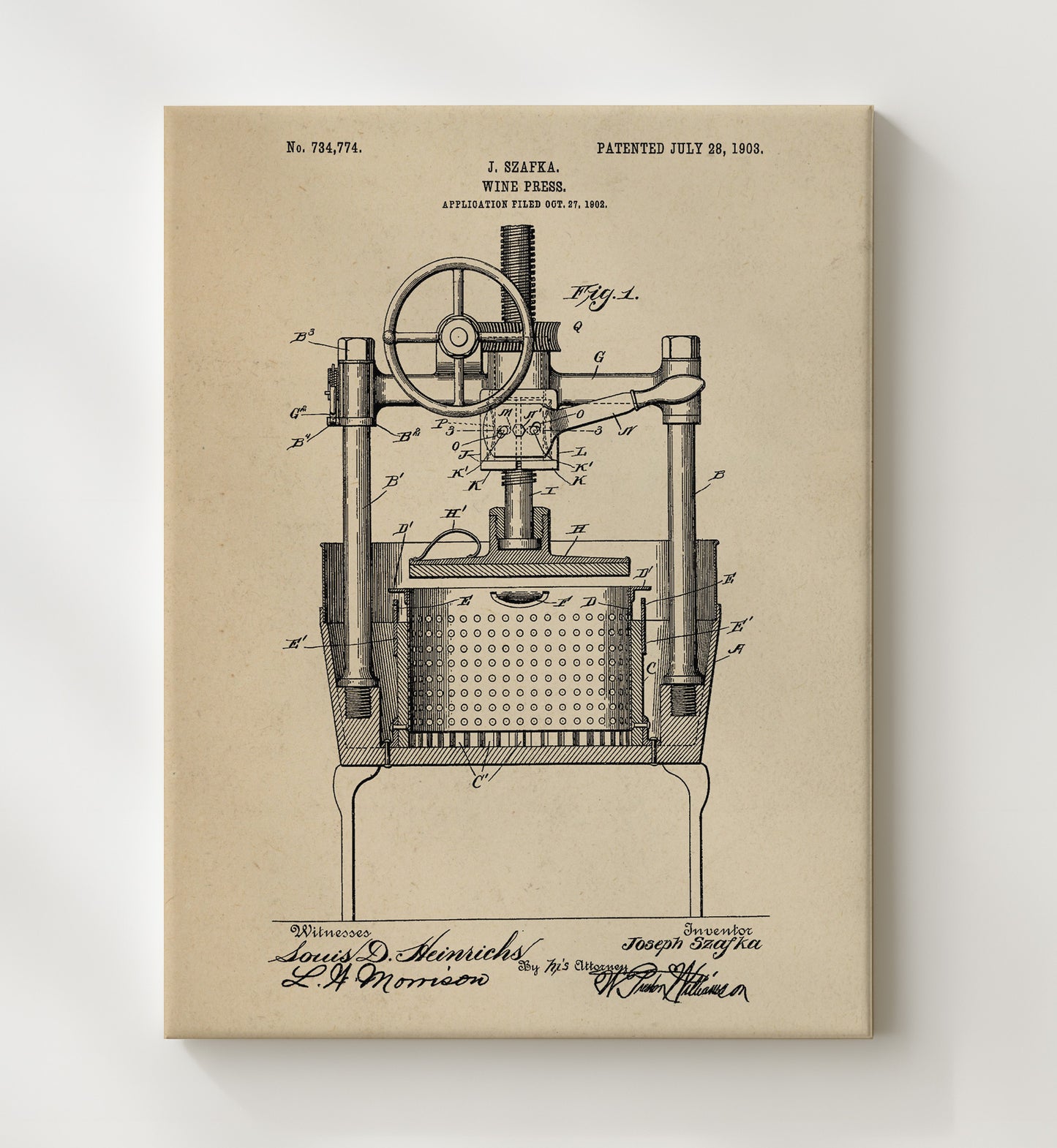 Patent Print - Wine Press - J. Szafka - 1903 - Patent 734774 Patent Wall Art