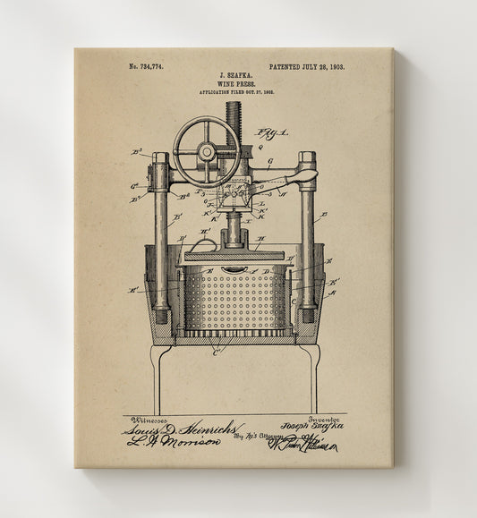 Wine Press by J. Szafka 1903 patent print wall art 8x10 Canvas