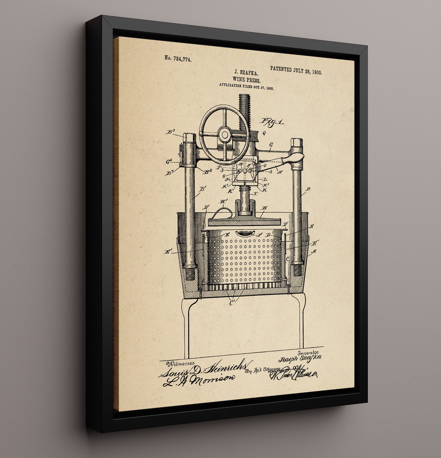 Patent Print - Wine Press - J. Szafka - 1903 - Patent 734774 Patent Wall Art