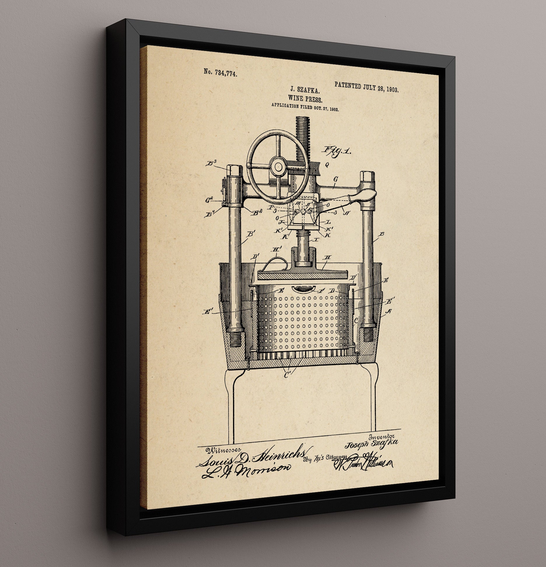 Patent Print - Wine Press - J. Szafka - 1903 - Patent 734774 Patent Wall Art