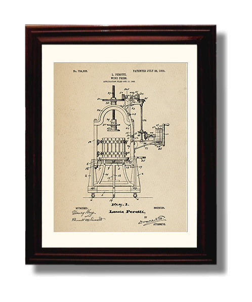 Patent Print - Wine Press - L. Perotti - 1903 - Patent 734939 Patent Wall Art