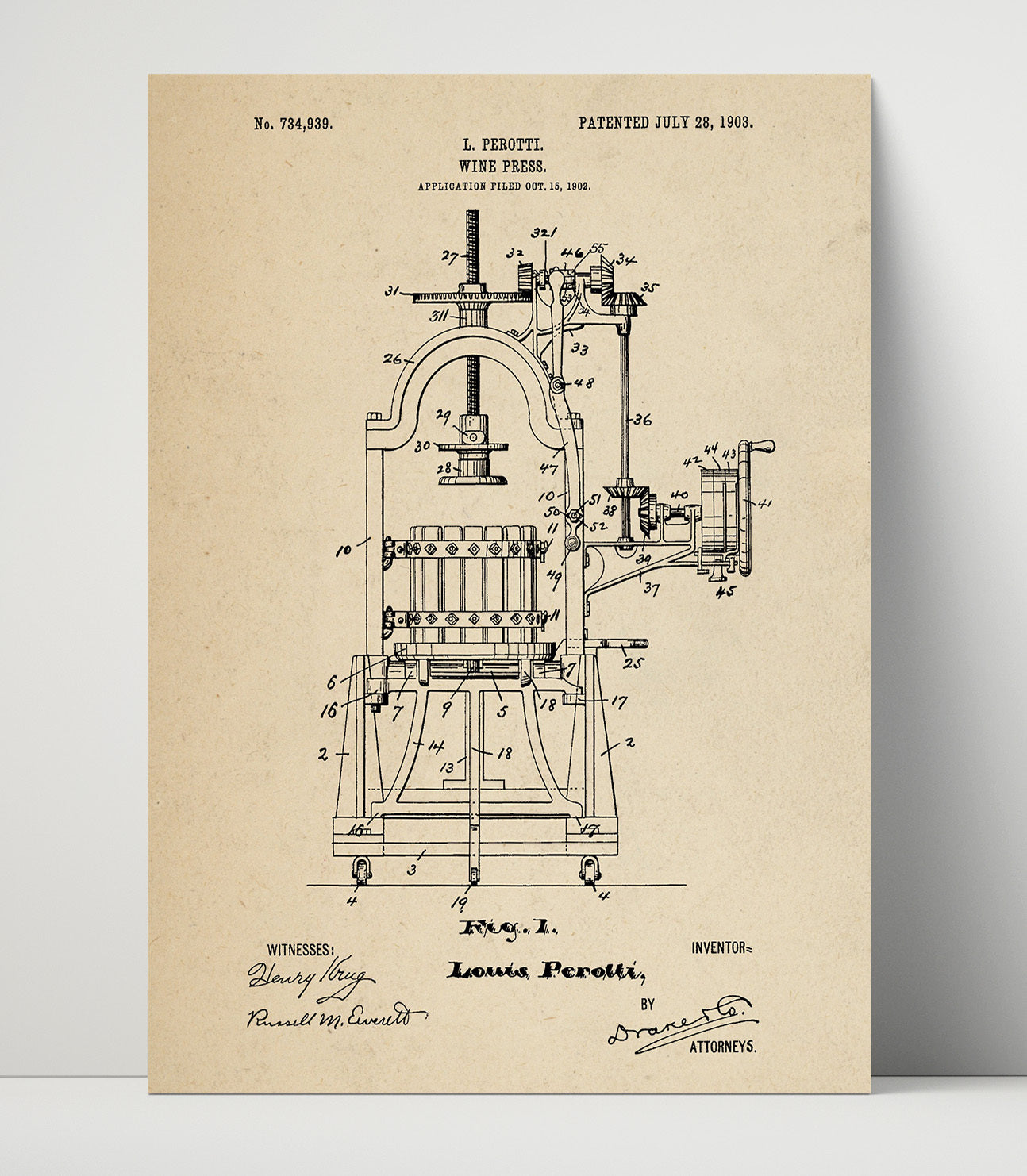 Patent Print - Wine Press - L. Perotti - 1903 - Patent 734939 Patent Wall Art