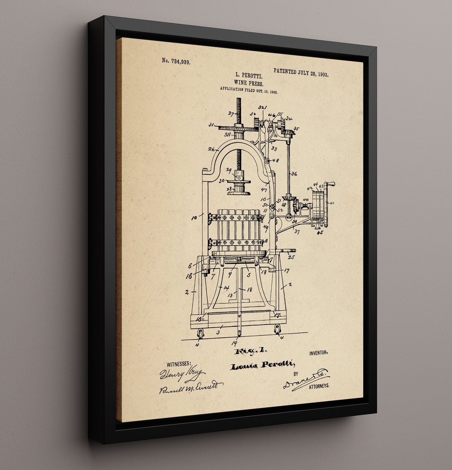 Patent Print - Wine Press - L. Perotti - 1903 - Patent 734939 Patent Wall Art